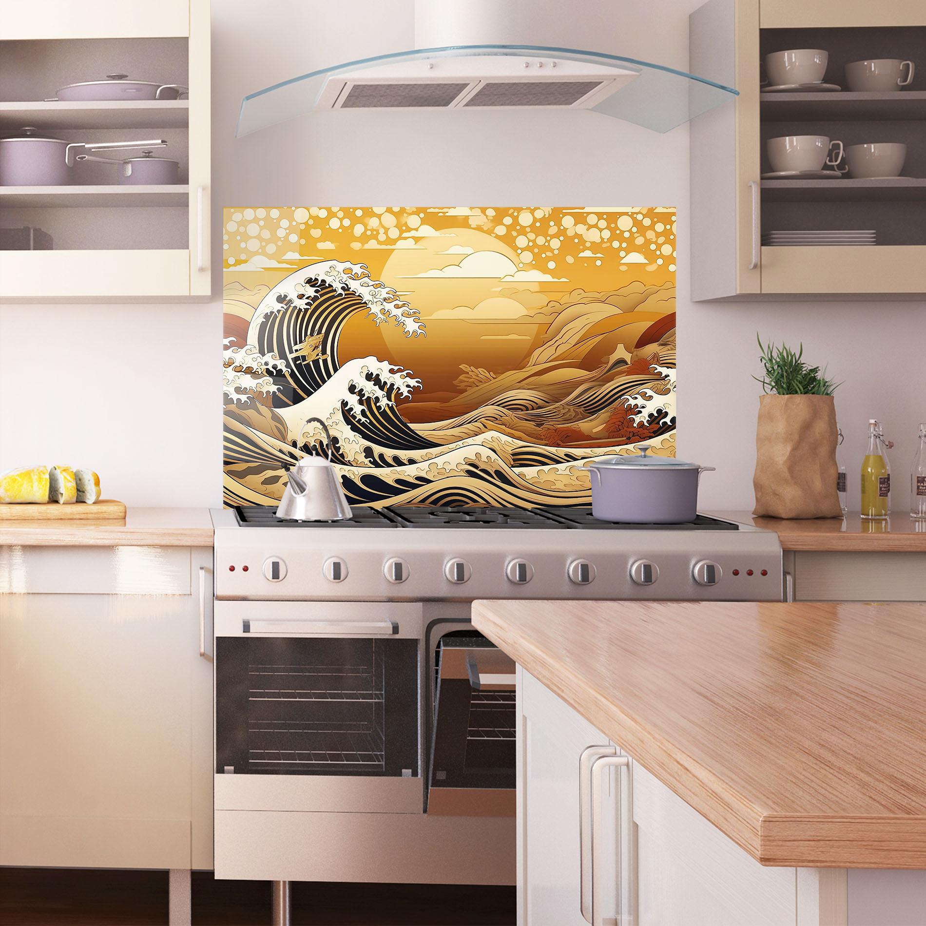 Küchenrückwand Glas Black Yellow Waves mockup 1