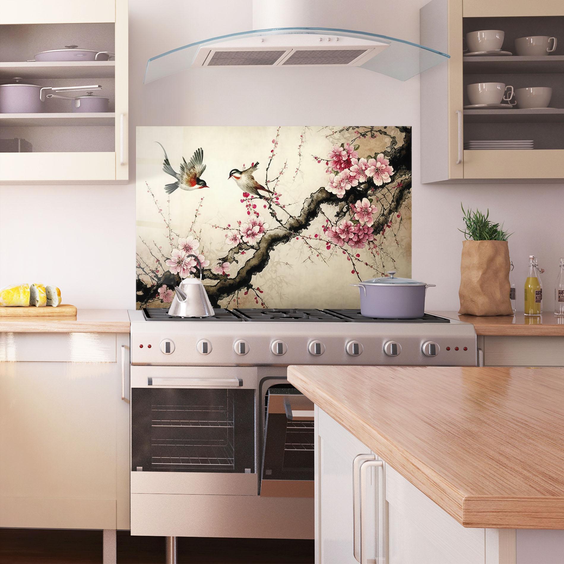 Küchenrückwand Glas Cherry Blossom Birds mockup 1