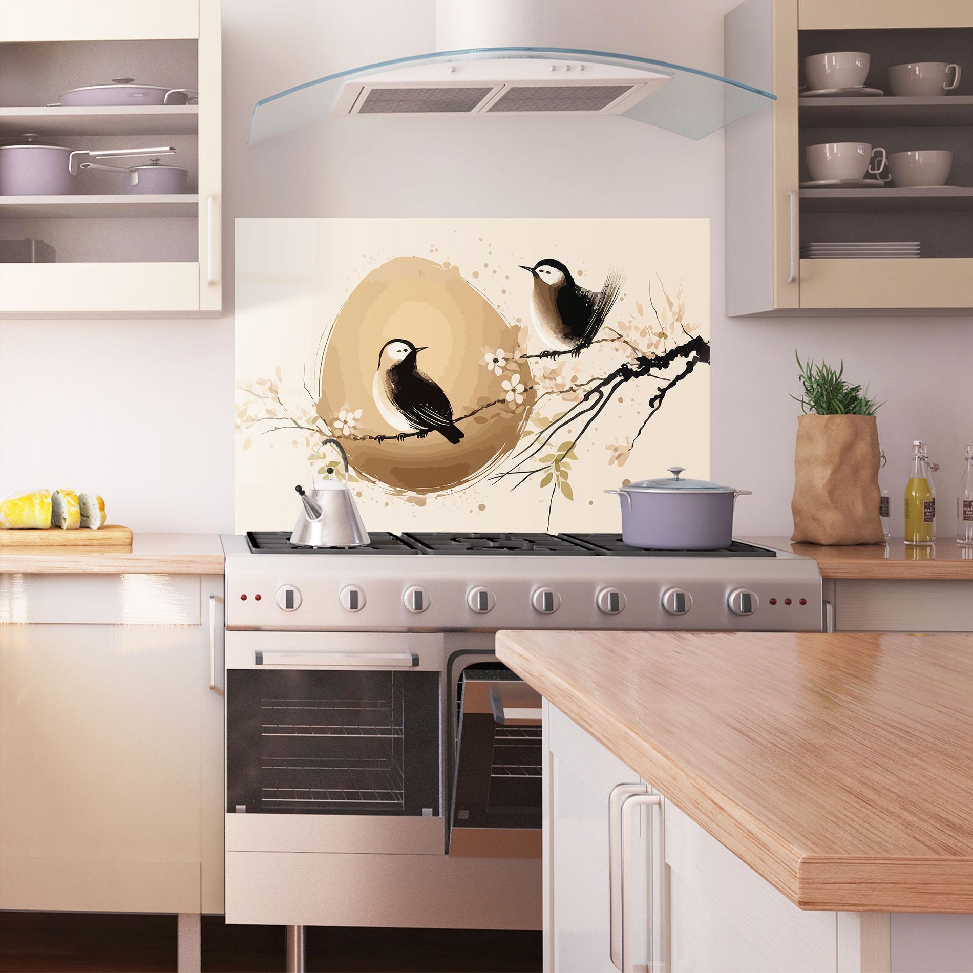 Küchenrückwand Glas Cream Blossoms Bird mockup 1