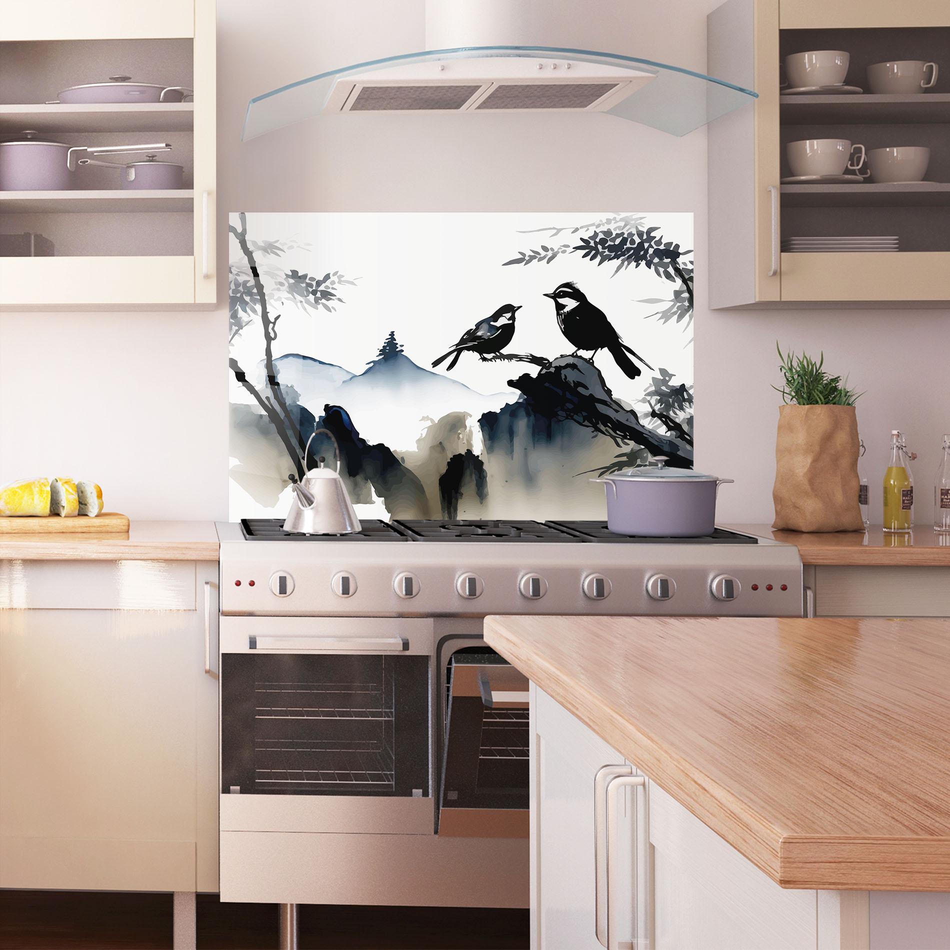 Küchenrückwand Glas Cream Blue Mountain Bird mockup 1