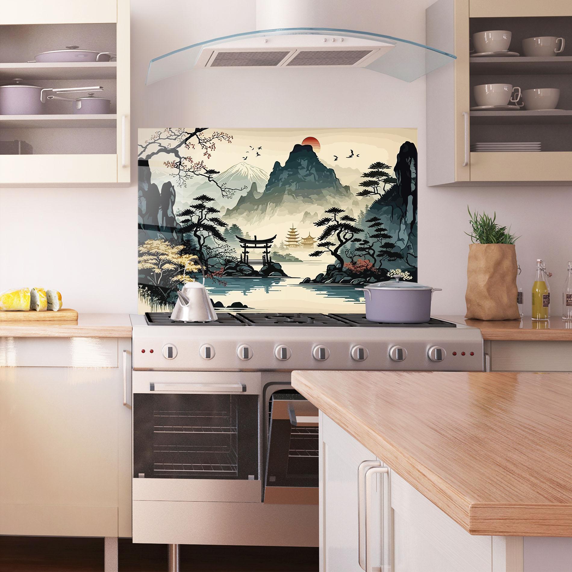 Küchenrückwand Glas Cream Chinese Mountain mockup 1
