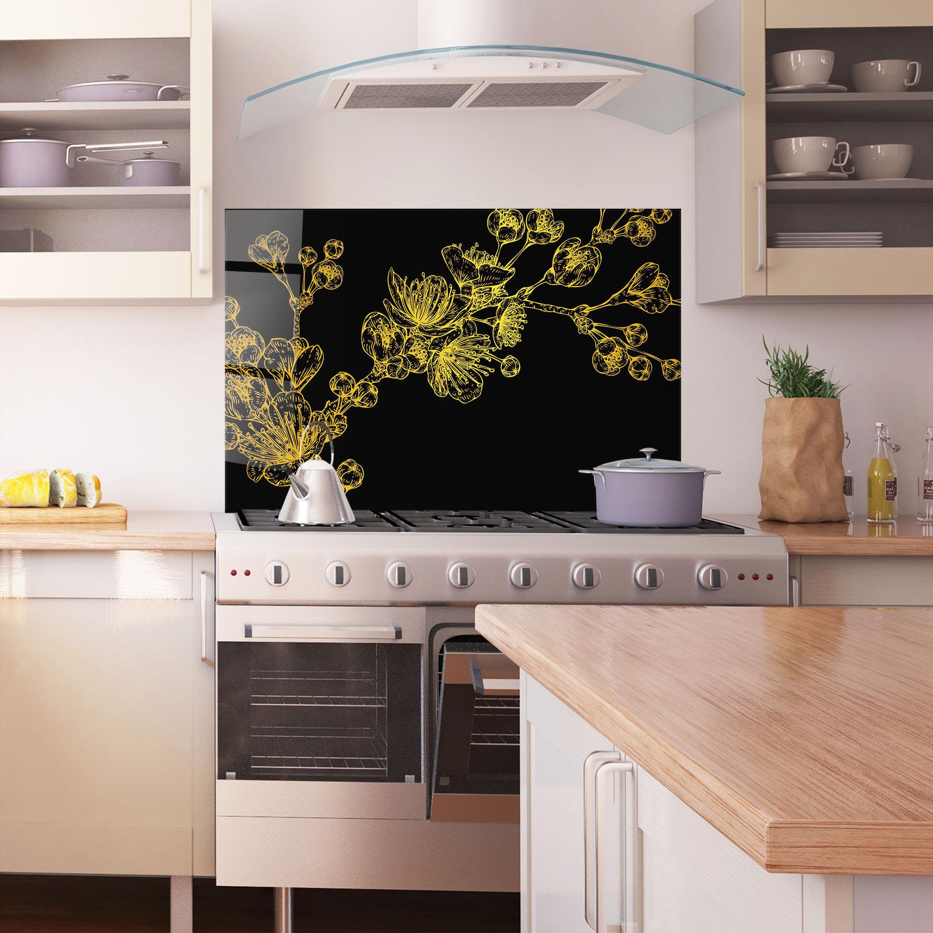 Küchenrückwand Glas Gold Blossom Flower mockup 1