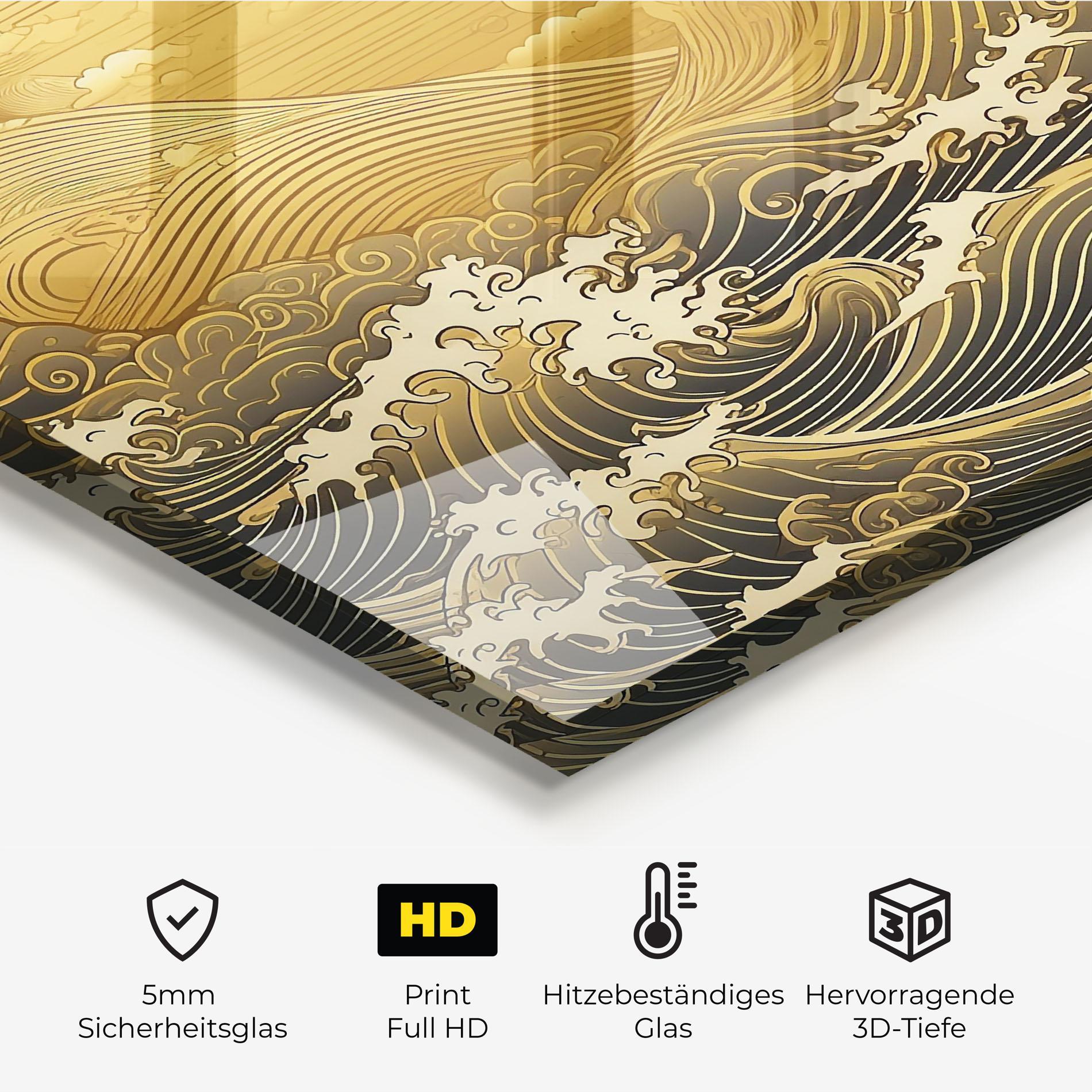 Küchenrückwand Glas Blue Gold Waves mockup 2