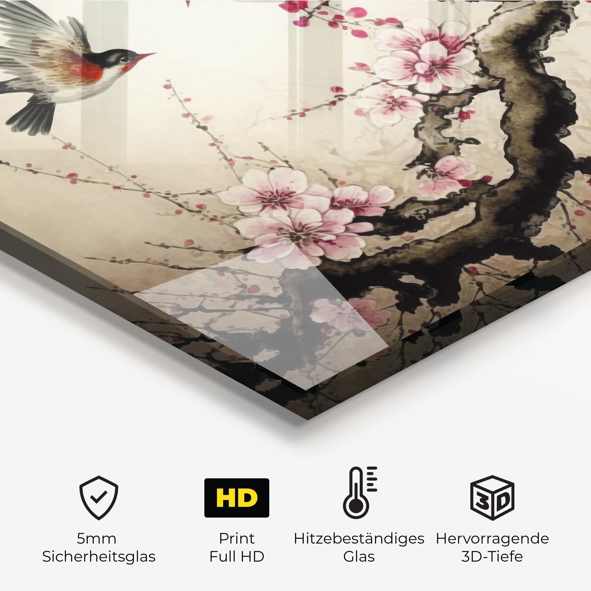 Küchenrückwand Glas Cherry Blossom Birds mockup 2