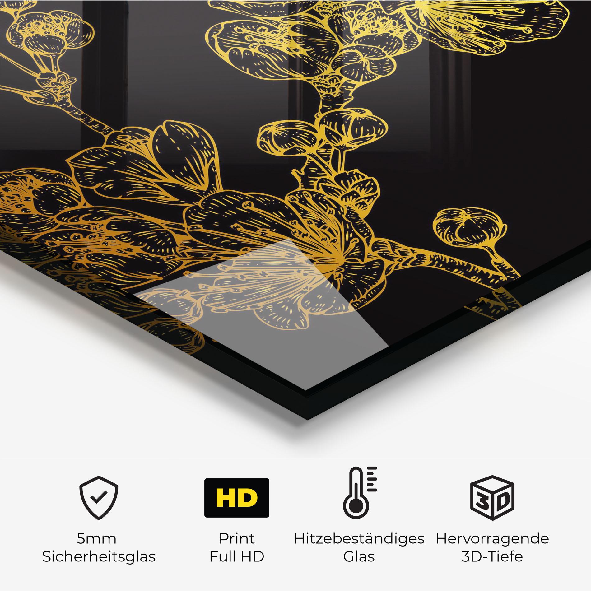 Küchenrückwand Glas Gold Blossom Flower mockup 2