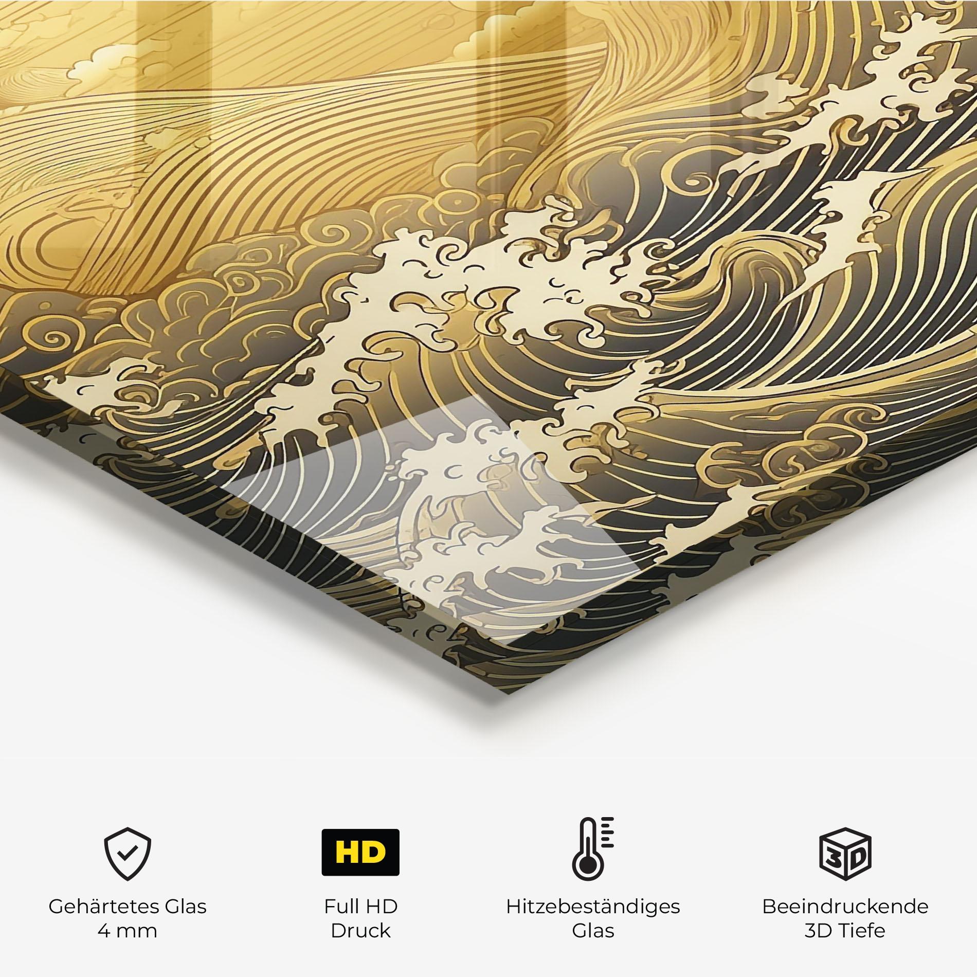 Küchenrückwand Glas Blue Gold Waves mockup 2