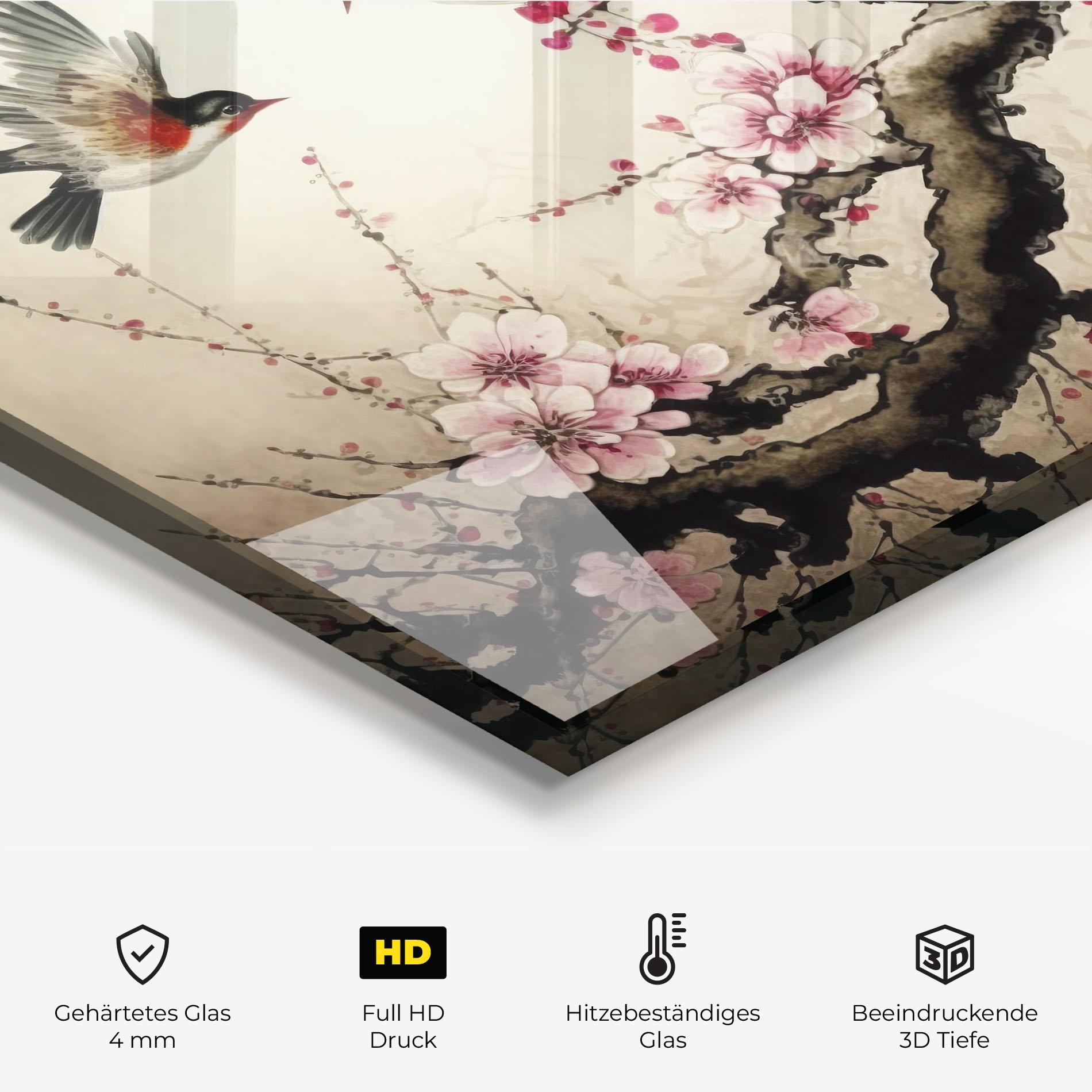 Küchenrückwand Glas Cherry Blossom Birds mockup 2
