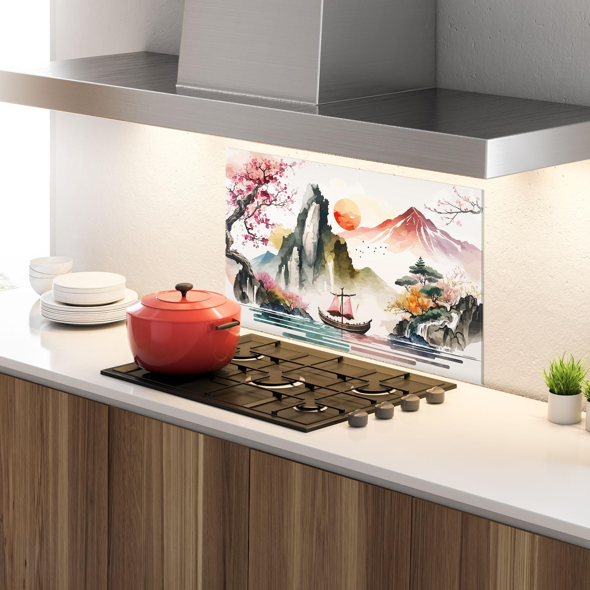 Küchenrückwand Glas Asian Orange Sunset mockup 4