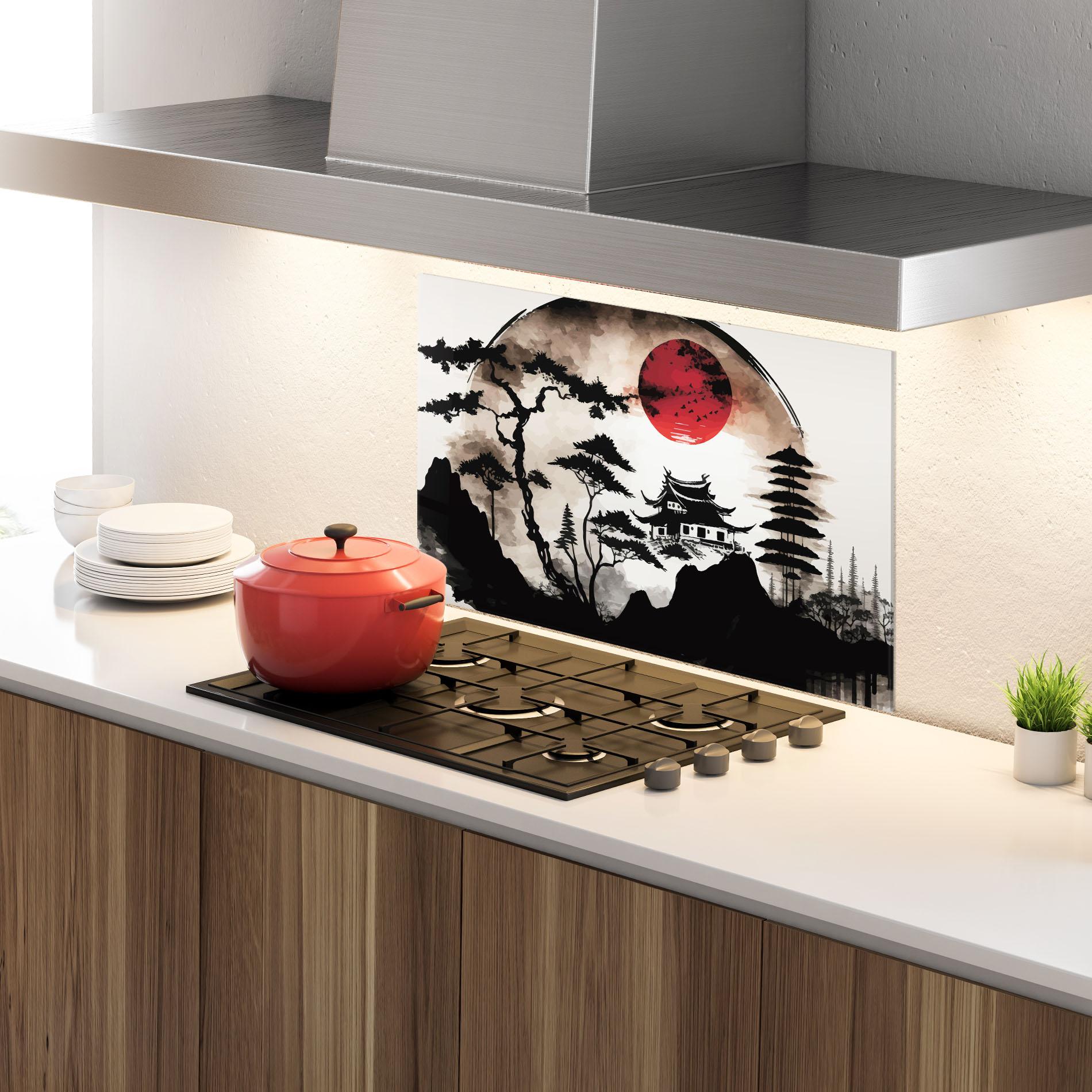 Küchenrückwand Glas Asian Red Moon mockup 4