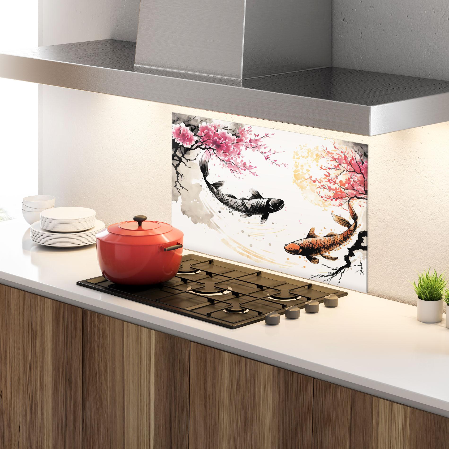 Küchenrückwand Glas Asiatic Flower Fish mockup 4