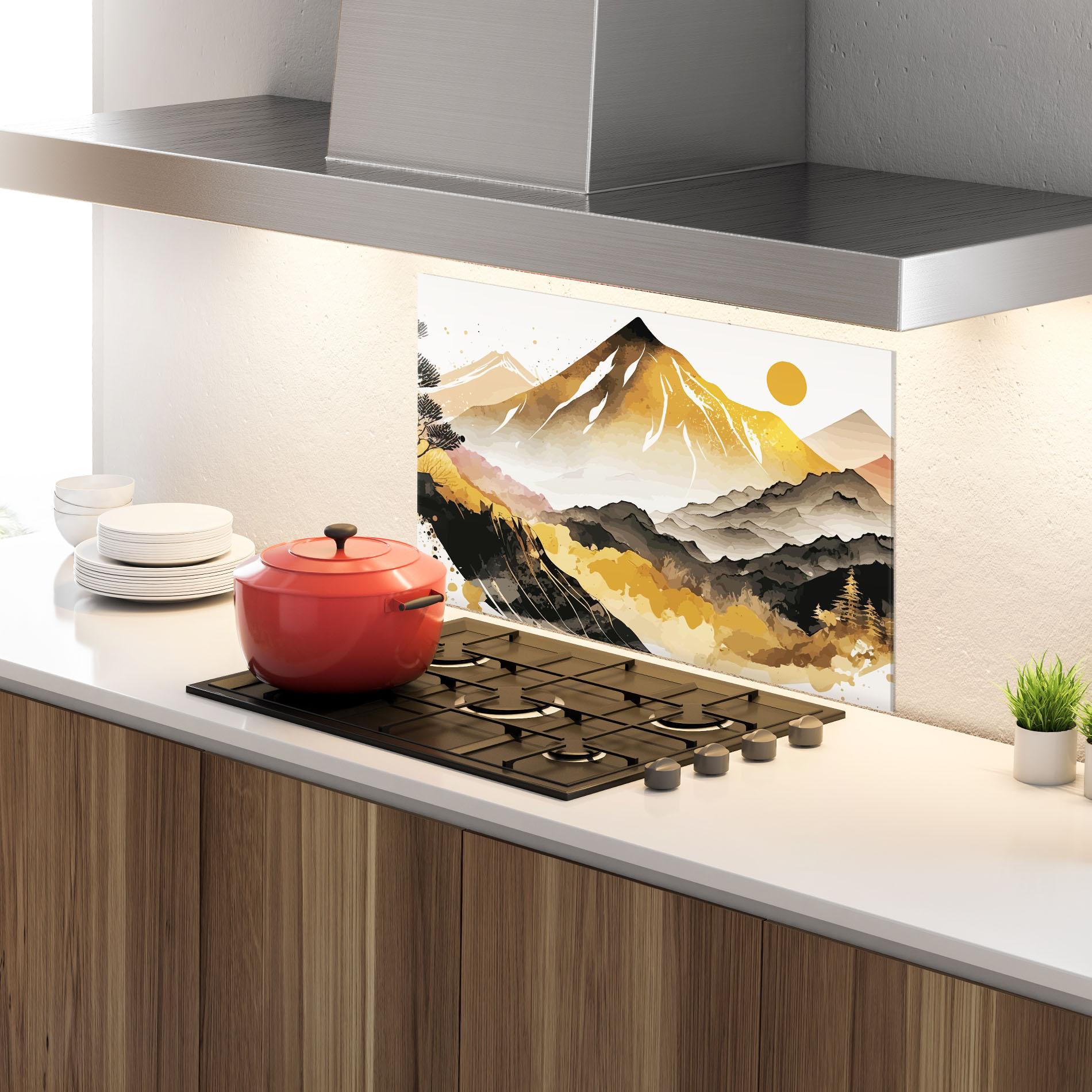 Küchenrückwand Glas Asiatic Gold Mountain mockup 4