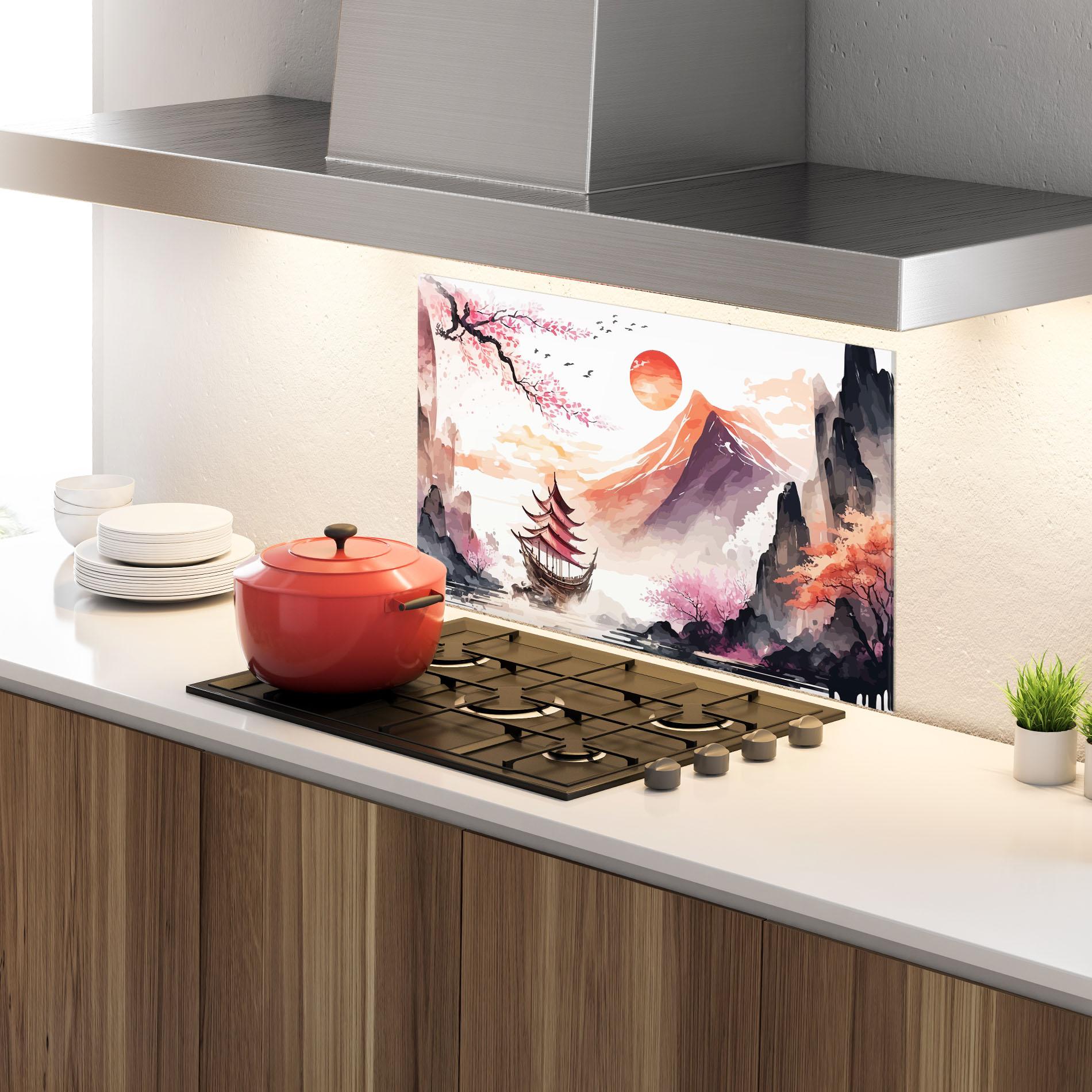 Küchenrückwand Glas Asiatic Purple Mountain mockup 4