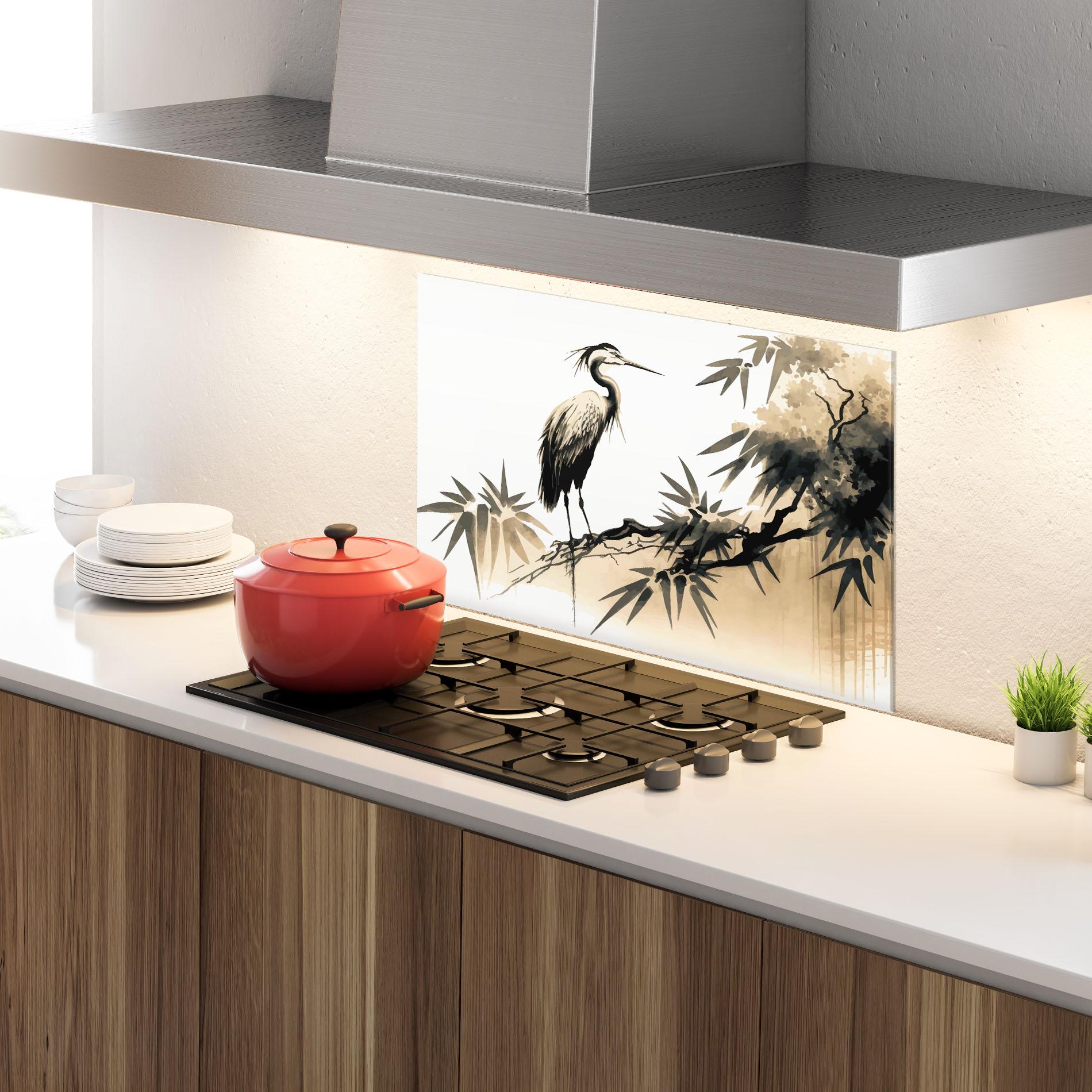 Küchenrückwand Glas Black Cream Bird Art mockup 4