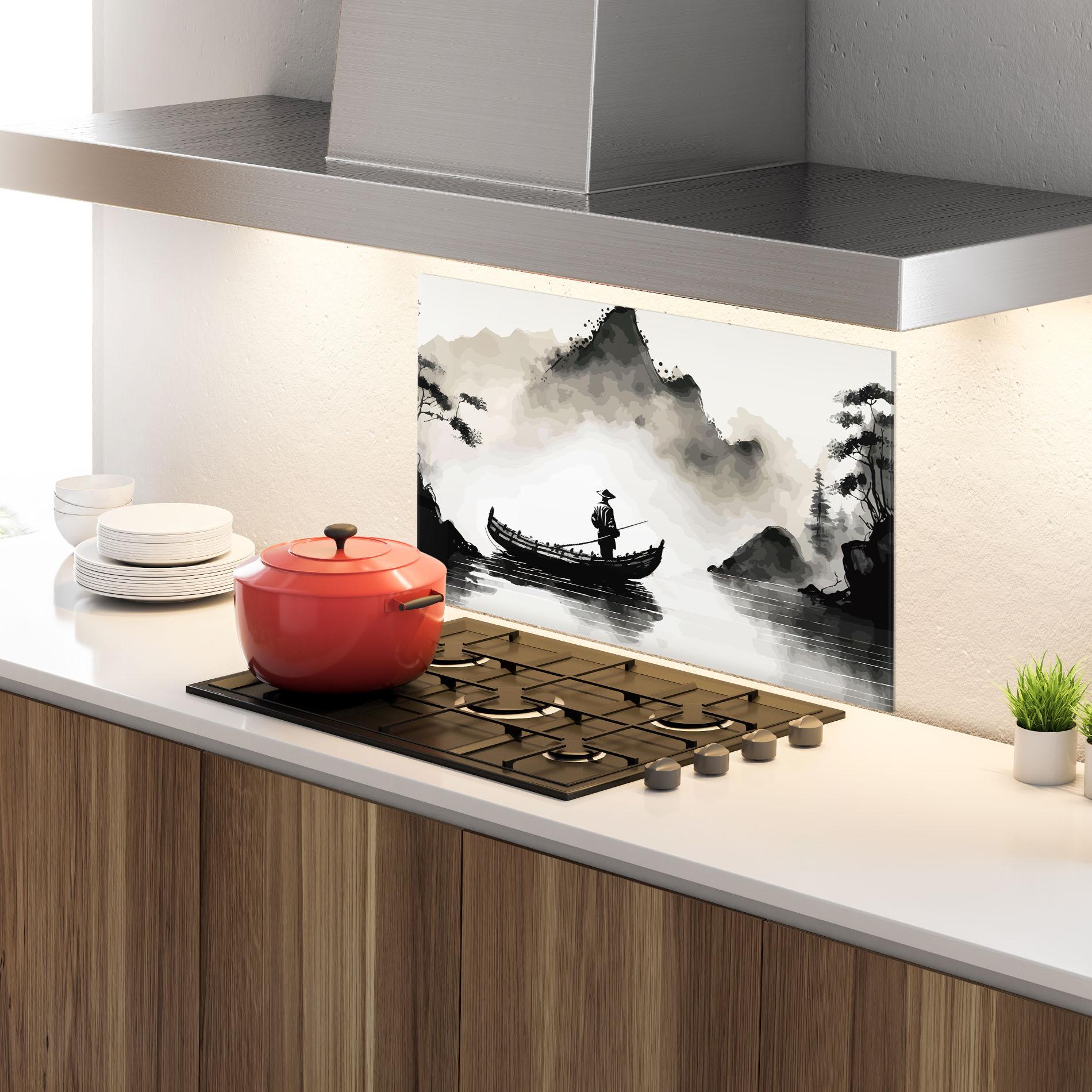 Küchenrückwand Glas Black Ink Boat mockup 4