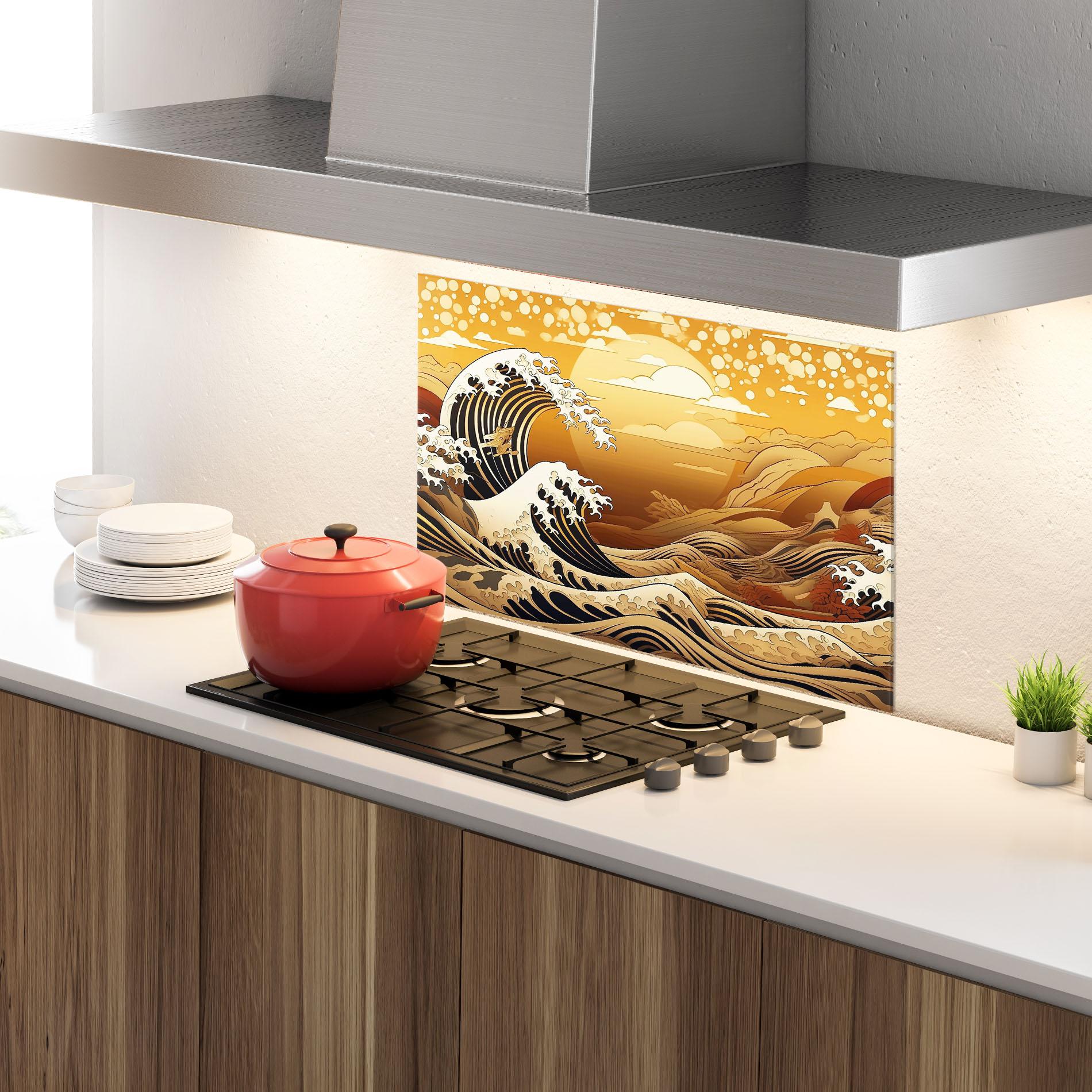Küchenrückwand Glas Black Yellow Waves mockup 4