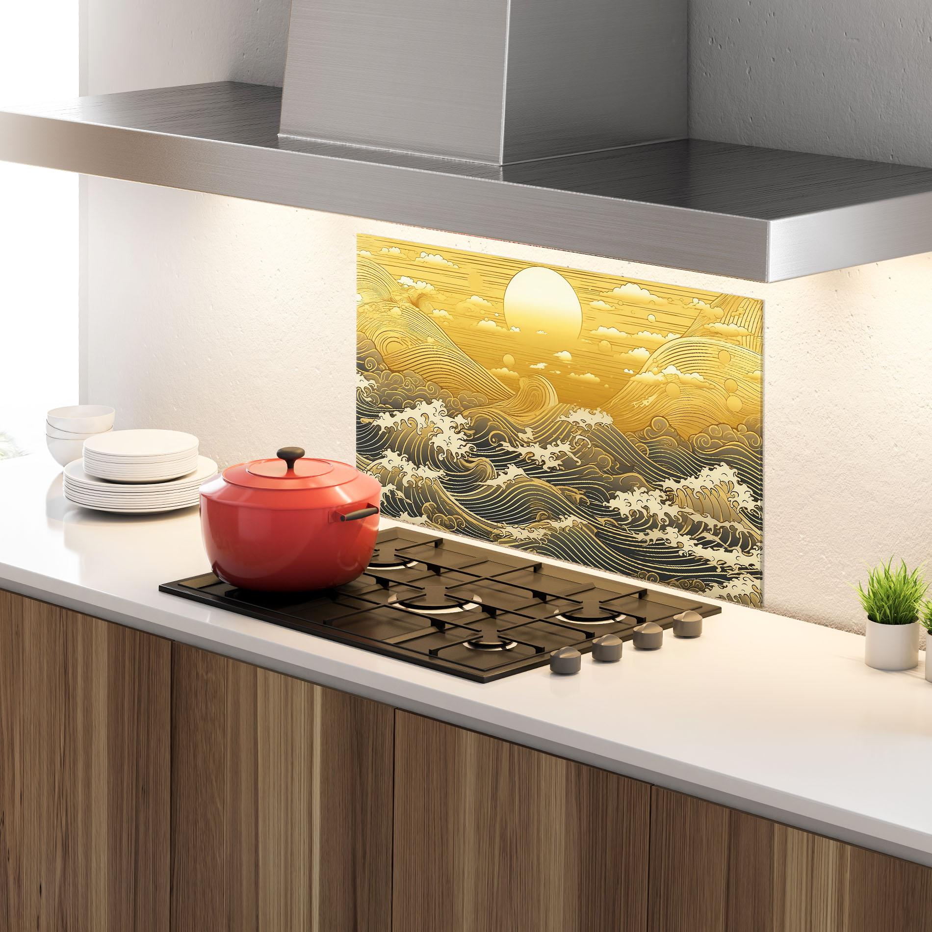 Küchenrückwand Glas Blue Gold Waves mockup 4