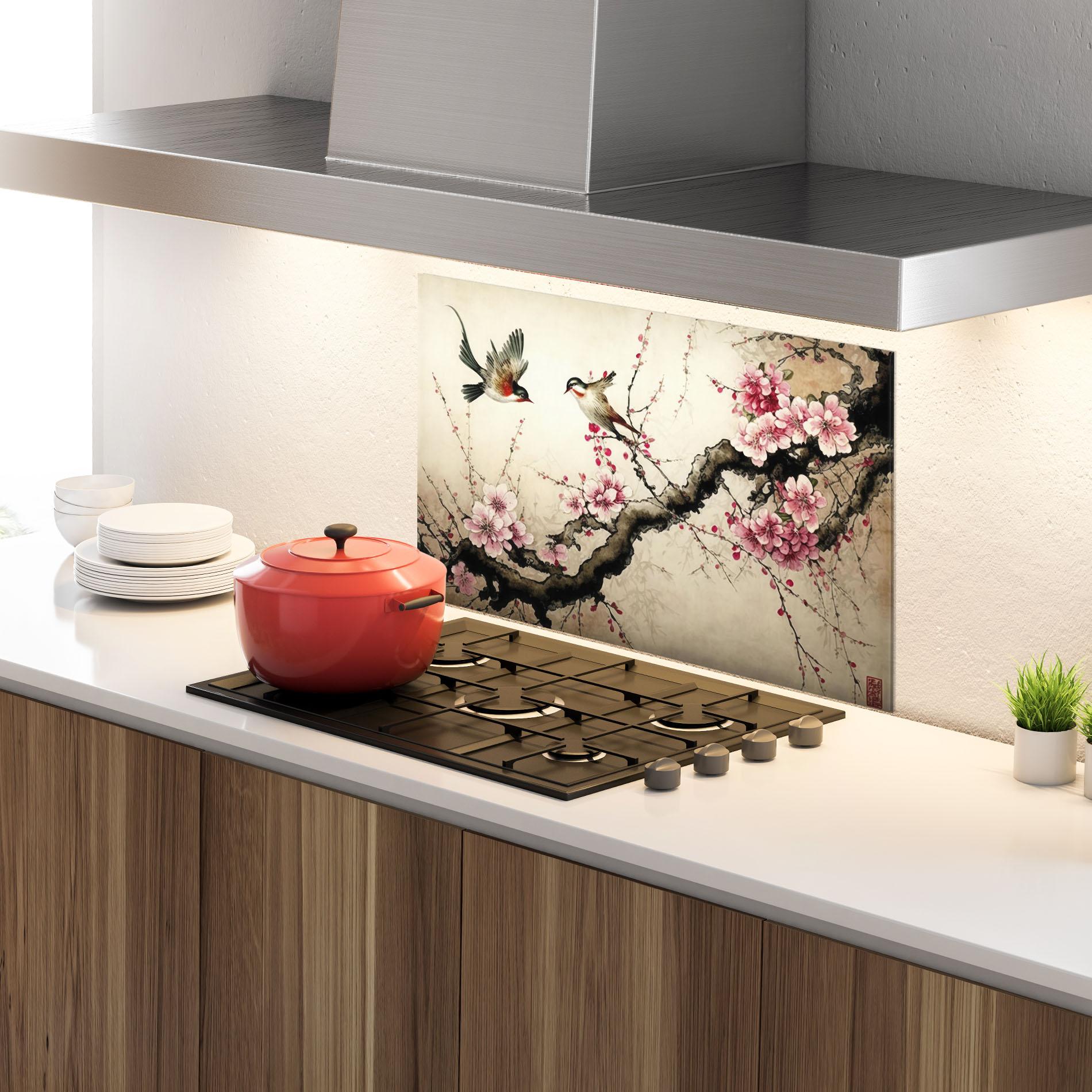 Küchenrückwand Glas Cherry Blossom Birds mockup 4