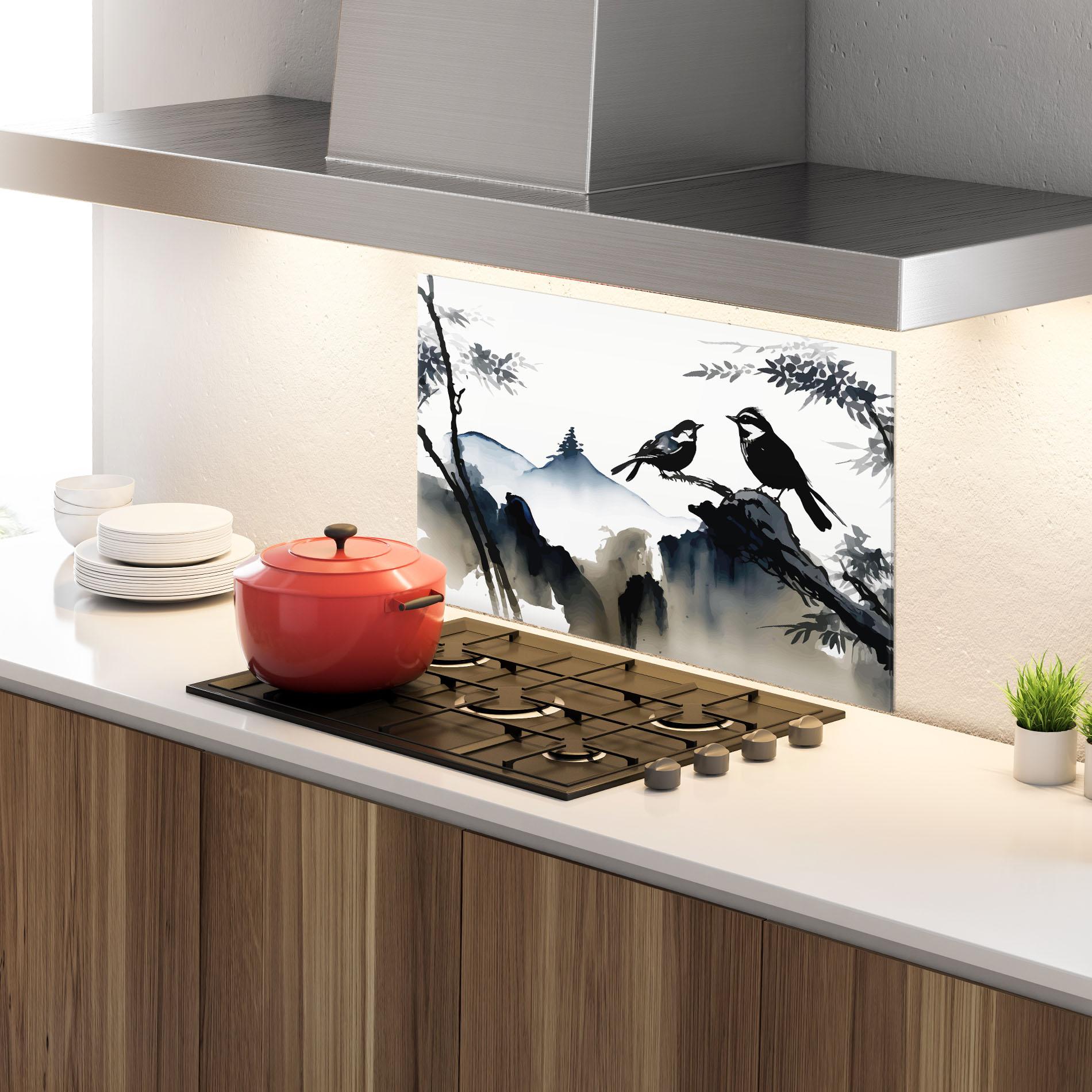 Küchenrückwand Glas Cream Blue Mountain Bird mockup 4