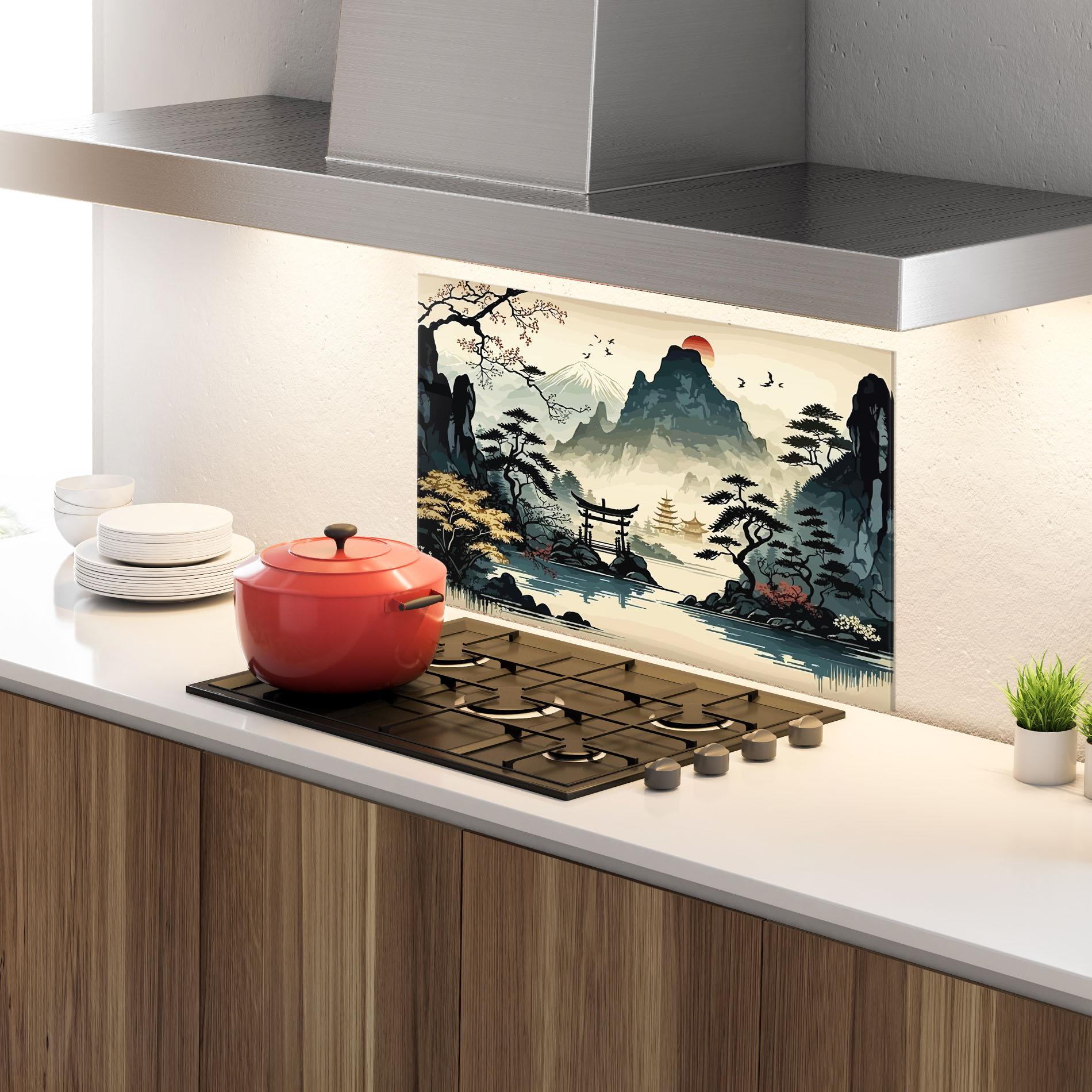Küchenrückwand Glas Cream Chinese Mountain mockup 4