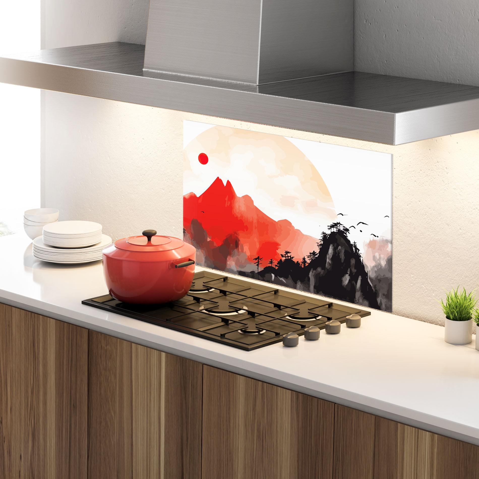 Küchenrückwand Glas Red Black Mountain mockup 4