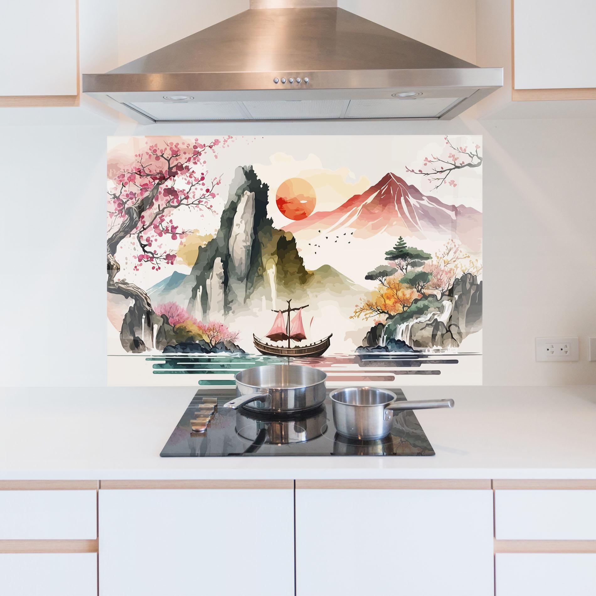 Küchenrückwand Glas Asian Orange Sunset mockup 5