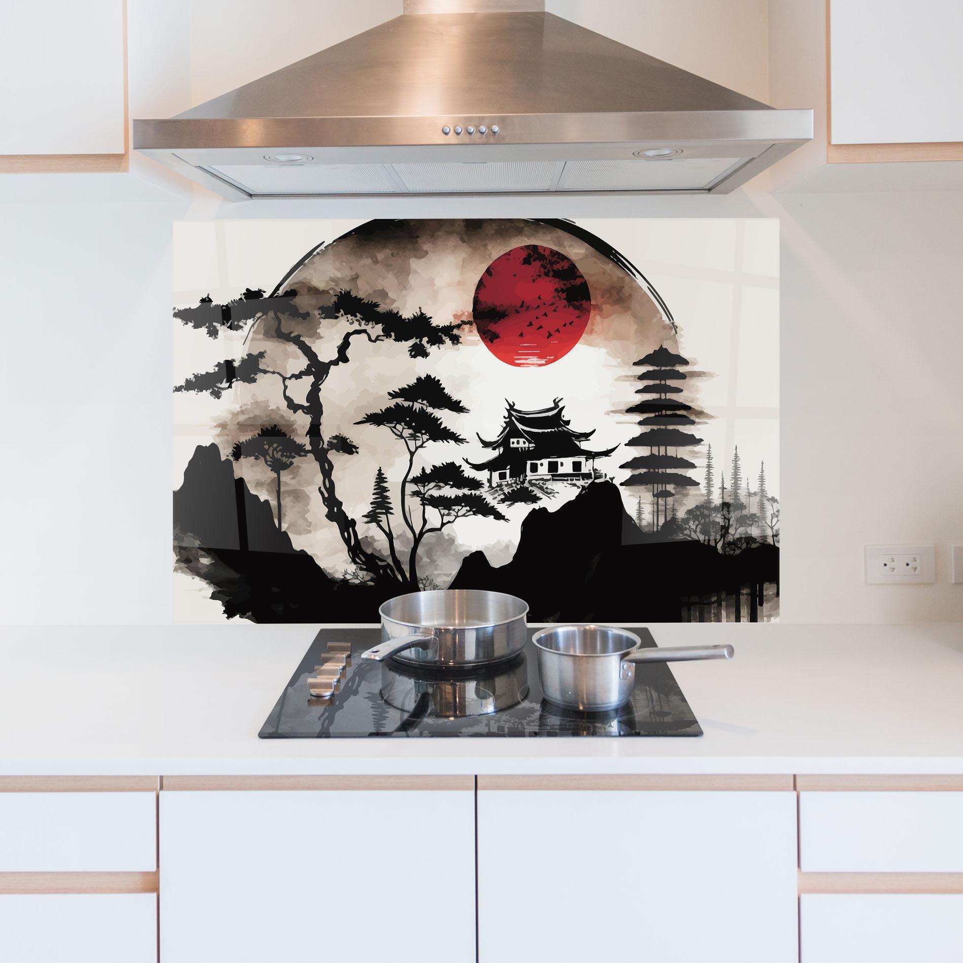 Küchenrückwand Glas Asian Red Moon mockup 5