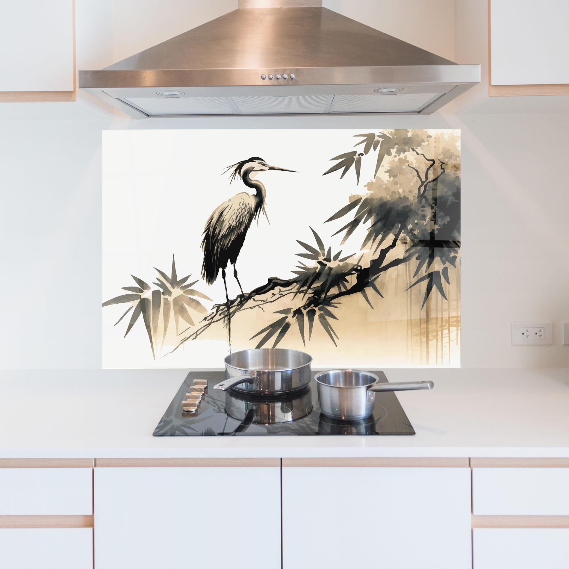 Küchenrückwand Glas Black Cream Bird Art mockup 5