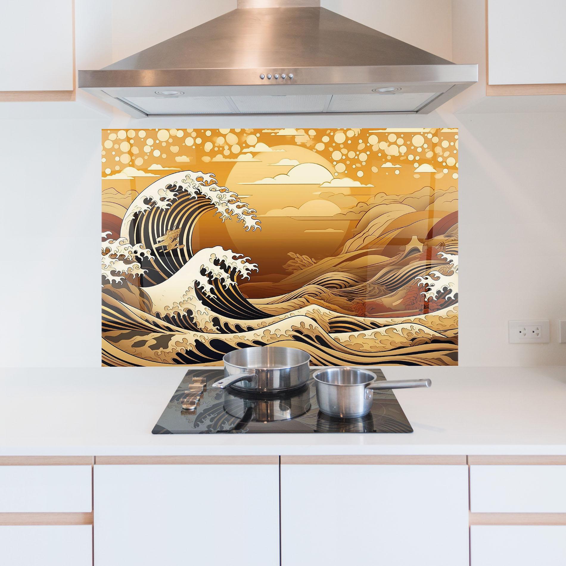 Küchenrückwand Glas Black Yellow Waves mockup 5