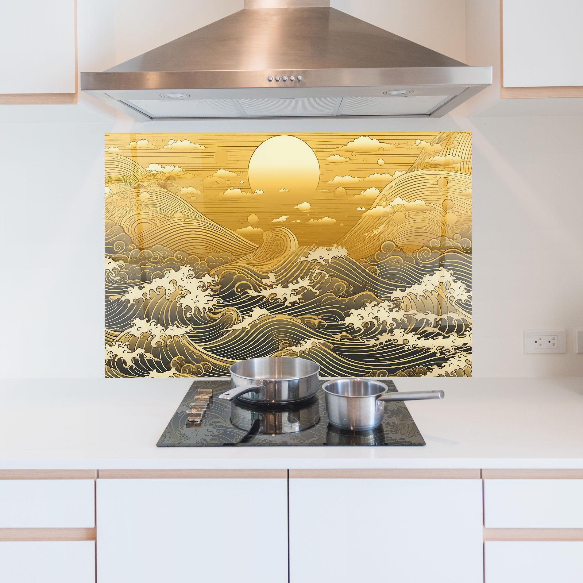 Küchenrückwand Glas Blue Gold Waves mockup 5