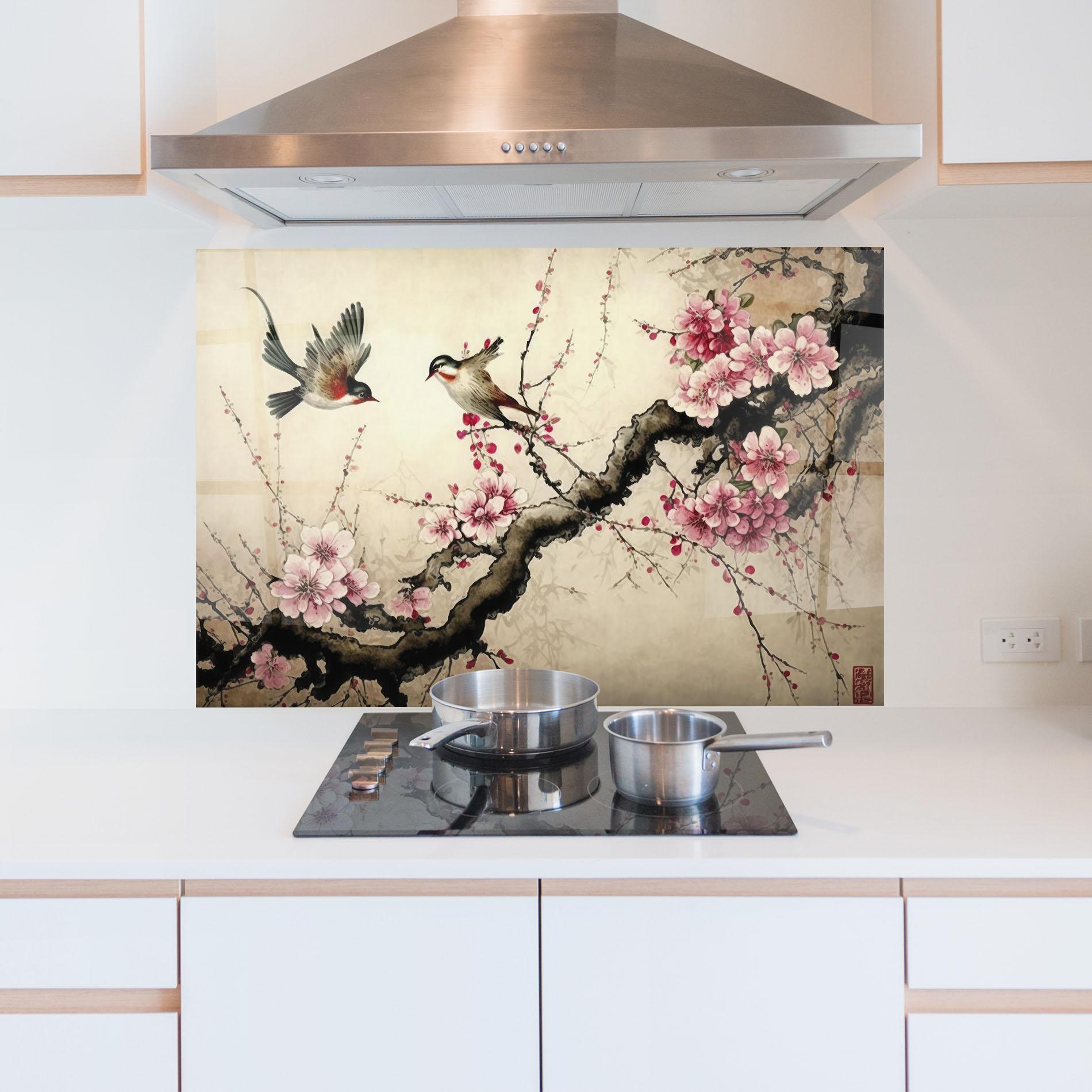 Küchenrückwand Glas Cherry Blossom Birds mockup 5