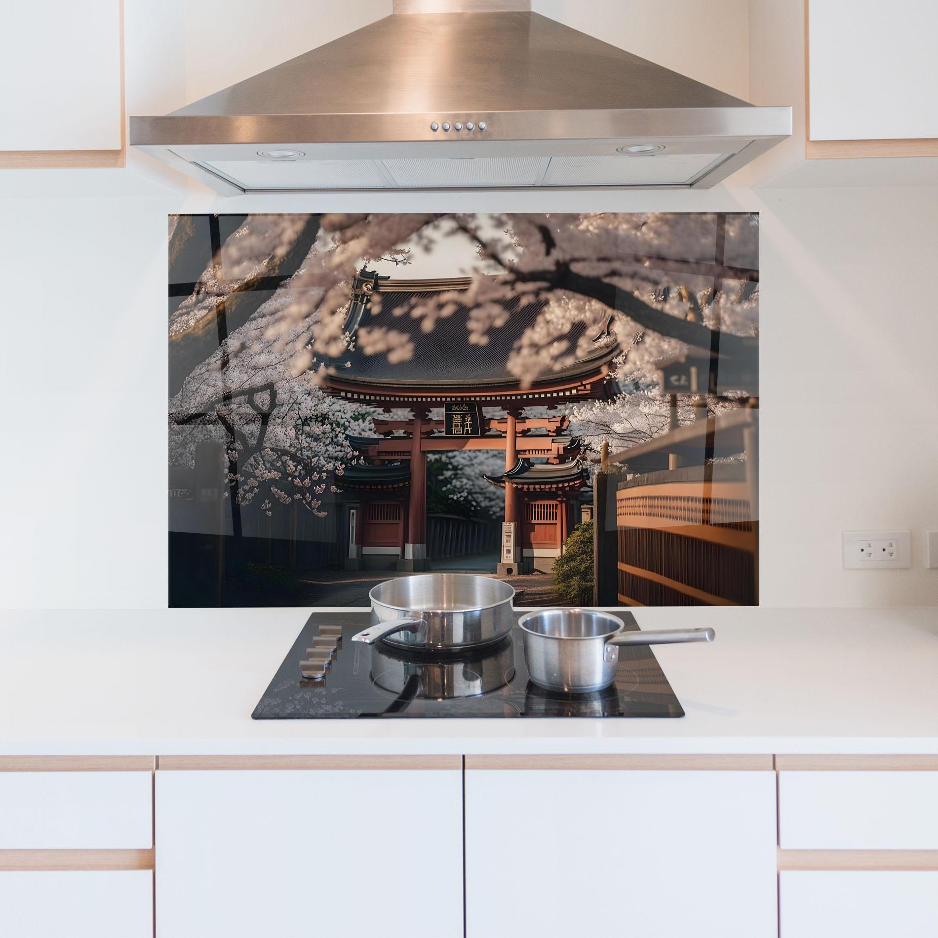 Küchenrückwand Glas Cherry Blossom Garden mockup 5