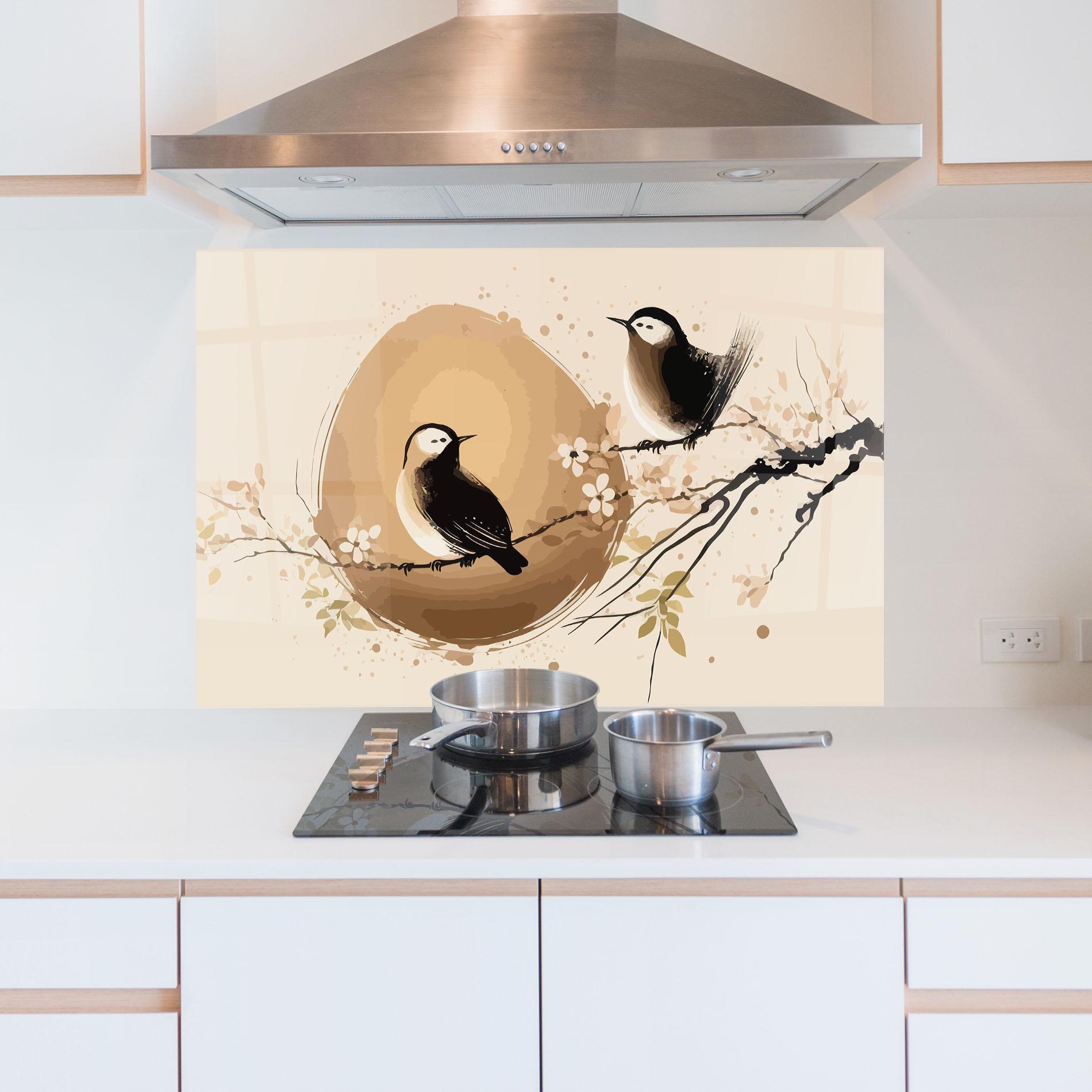 Küchenrückwand Glas Cream Blossoms Bird mockup 5
