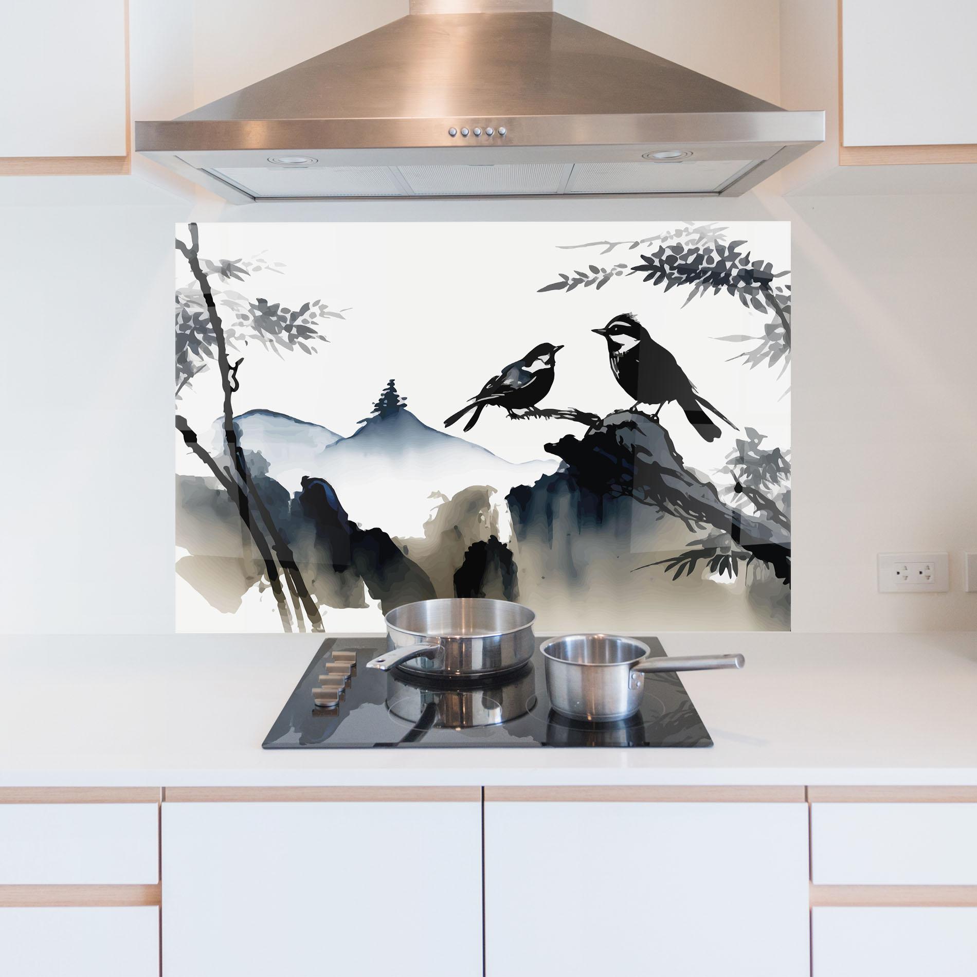 Küchenrückwand Glas Cream Blue Mountain Bird mockup 5