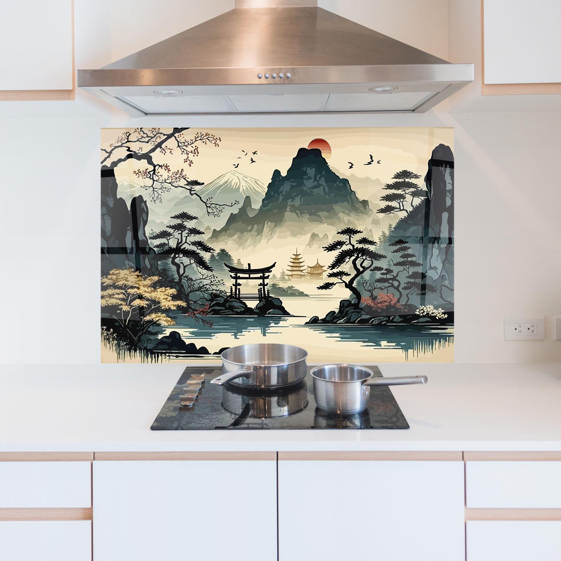 Küchenrückwand Glas Cream Chinese Mountain mockup 5
