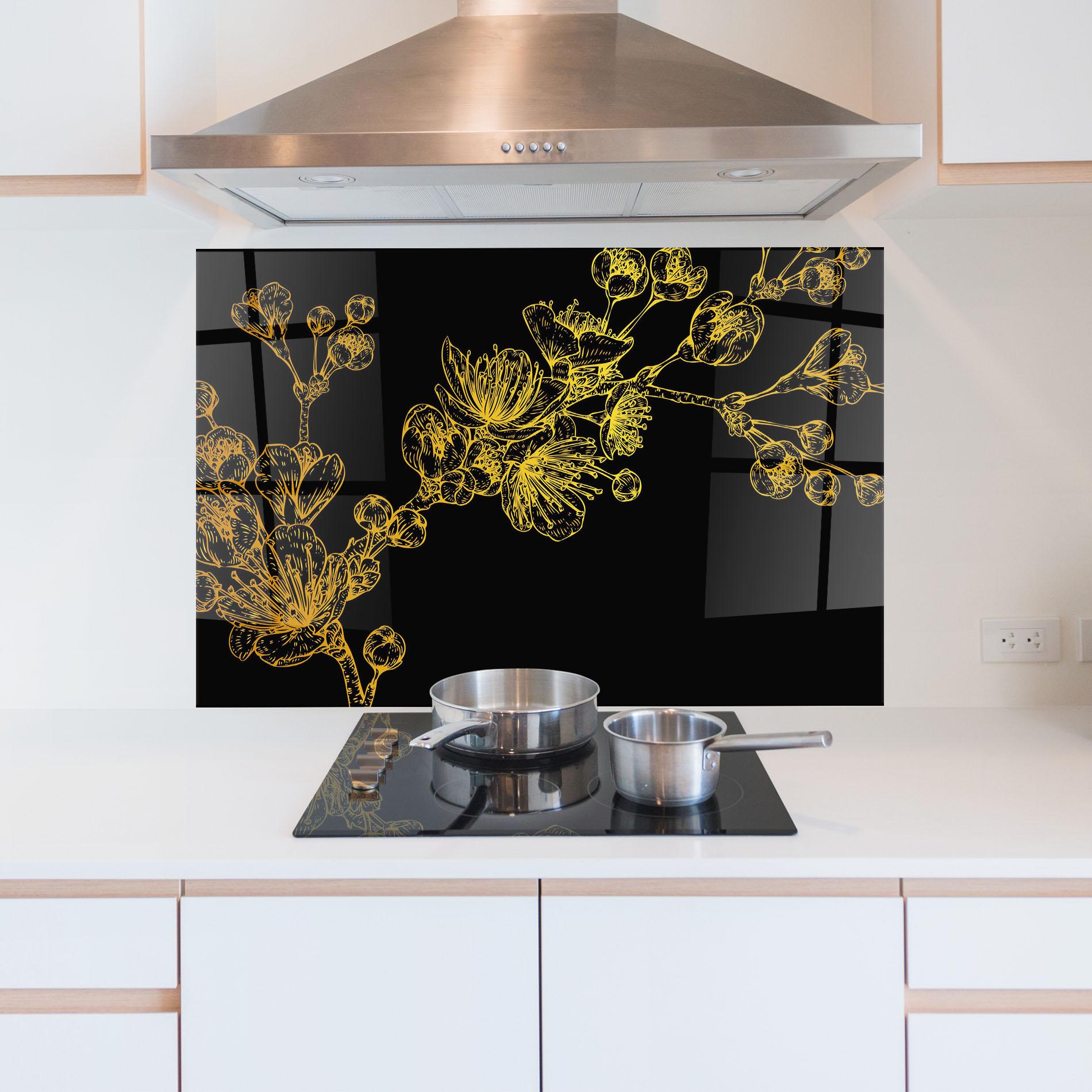 Küchenrückwand Glas Gold Blossom Flower mockup 5