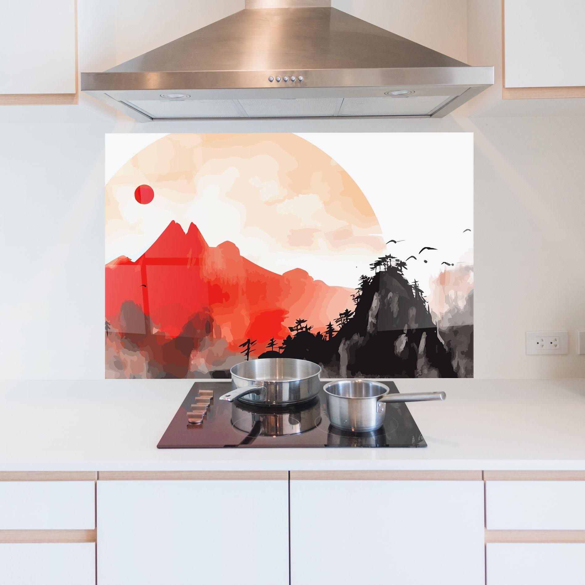 Küchenrückwand Glas Red Black Mountain mockup 5