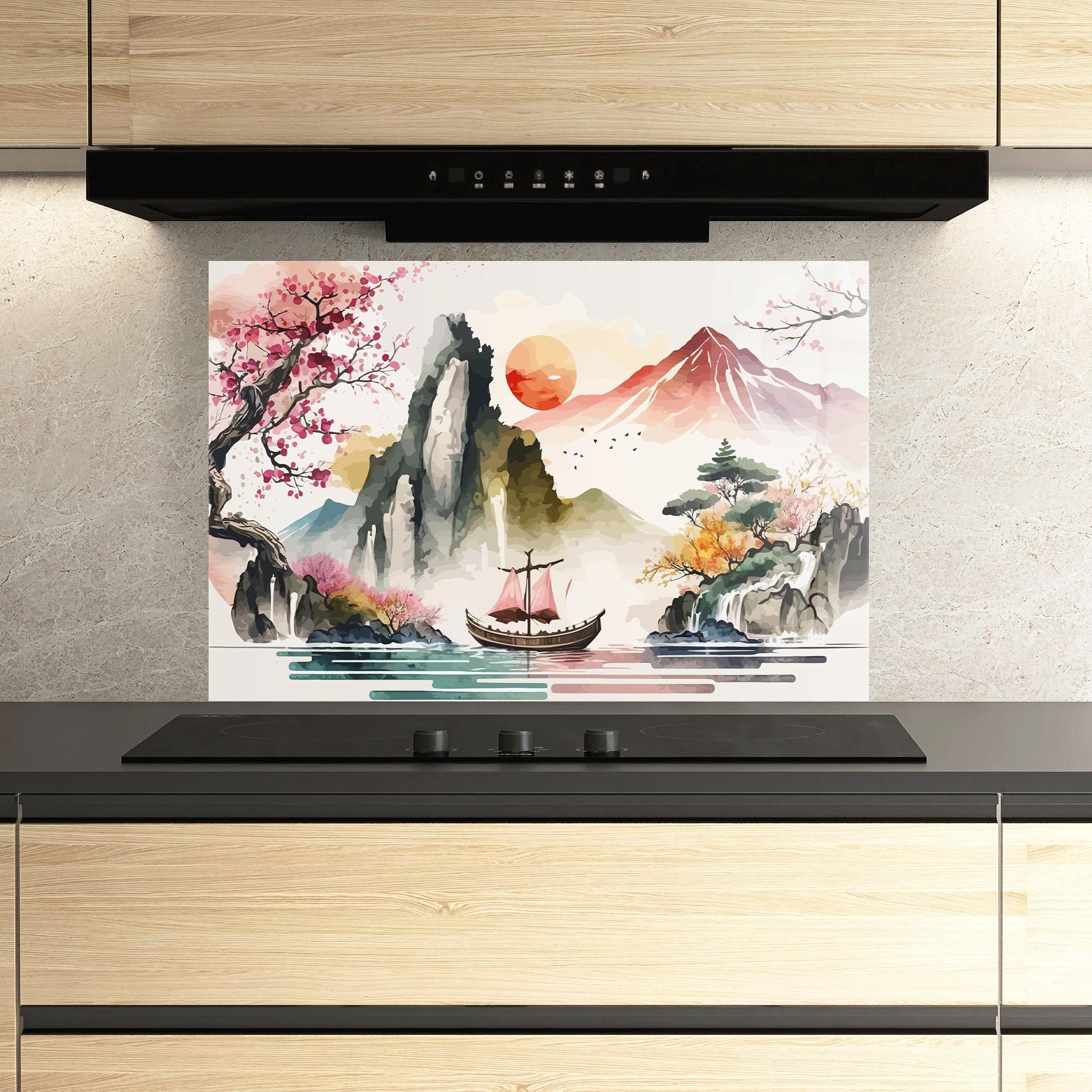 Küchenrückwand Glas Asian Orange Sunset mockup 3