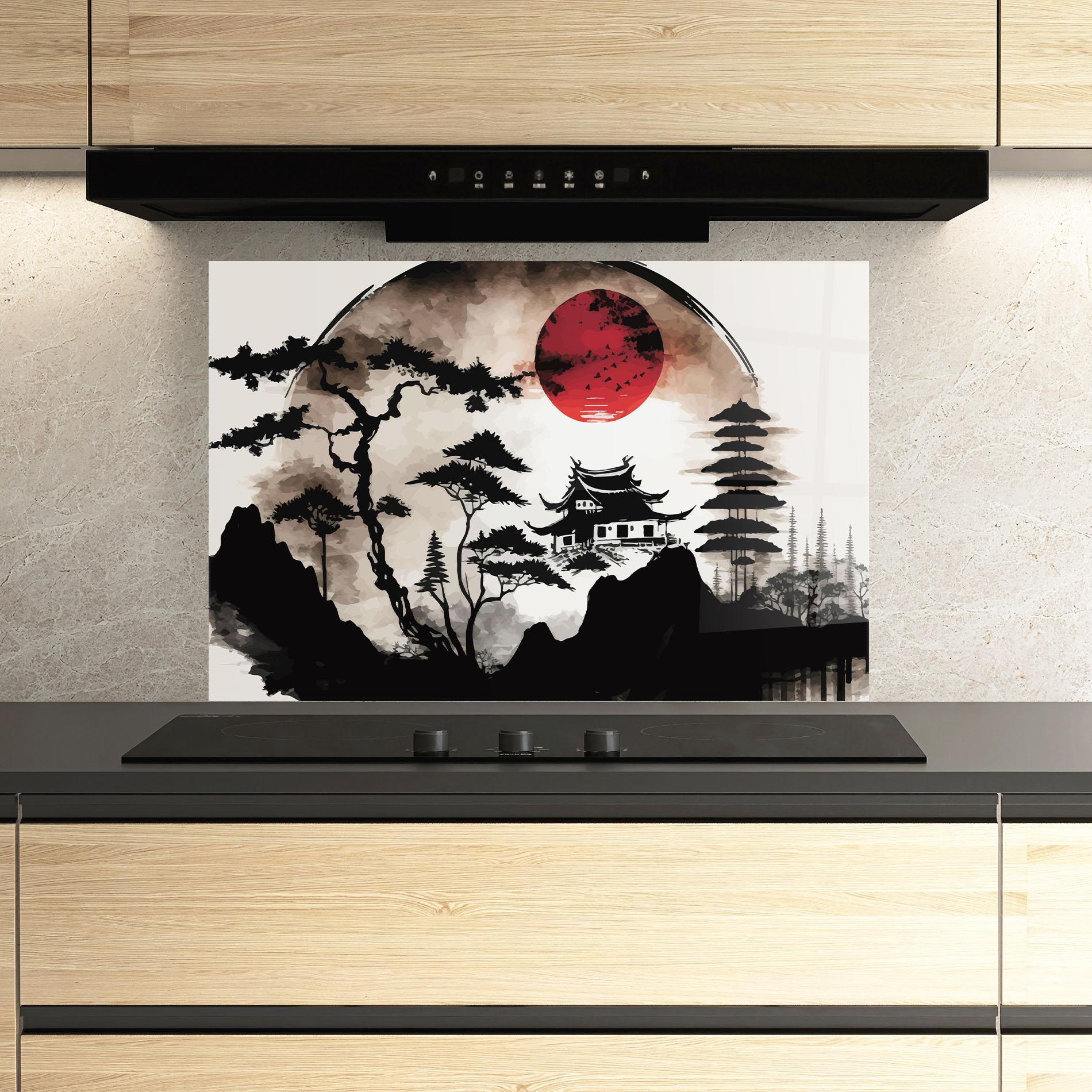 Küchenrückwand Glas Asian Red Moon mockup 3