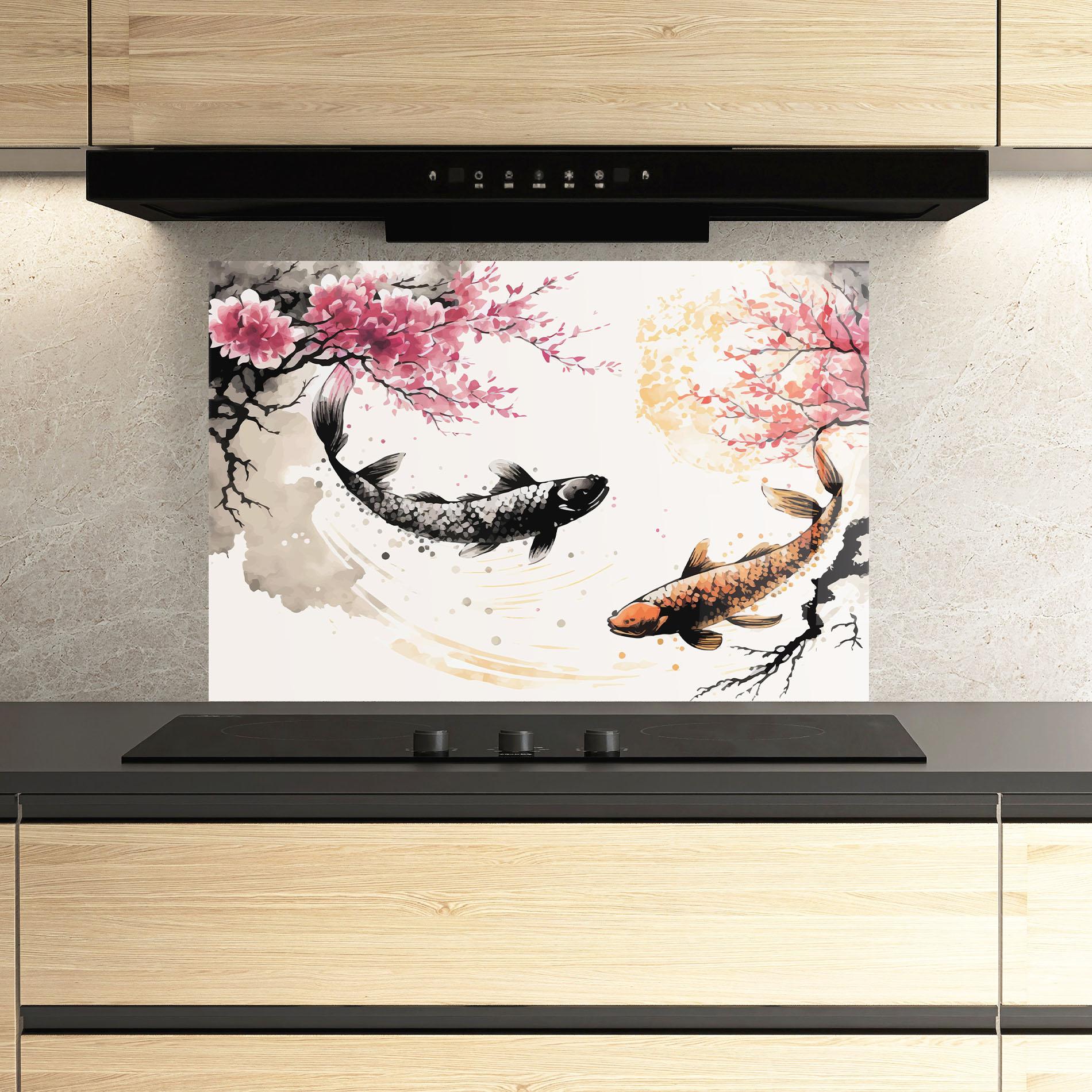 Küchenrückwand Glas Asiatic Flower Fish mockup 3