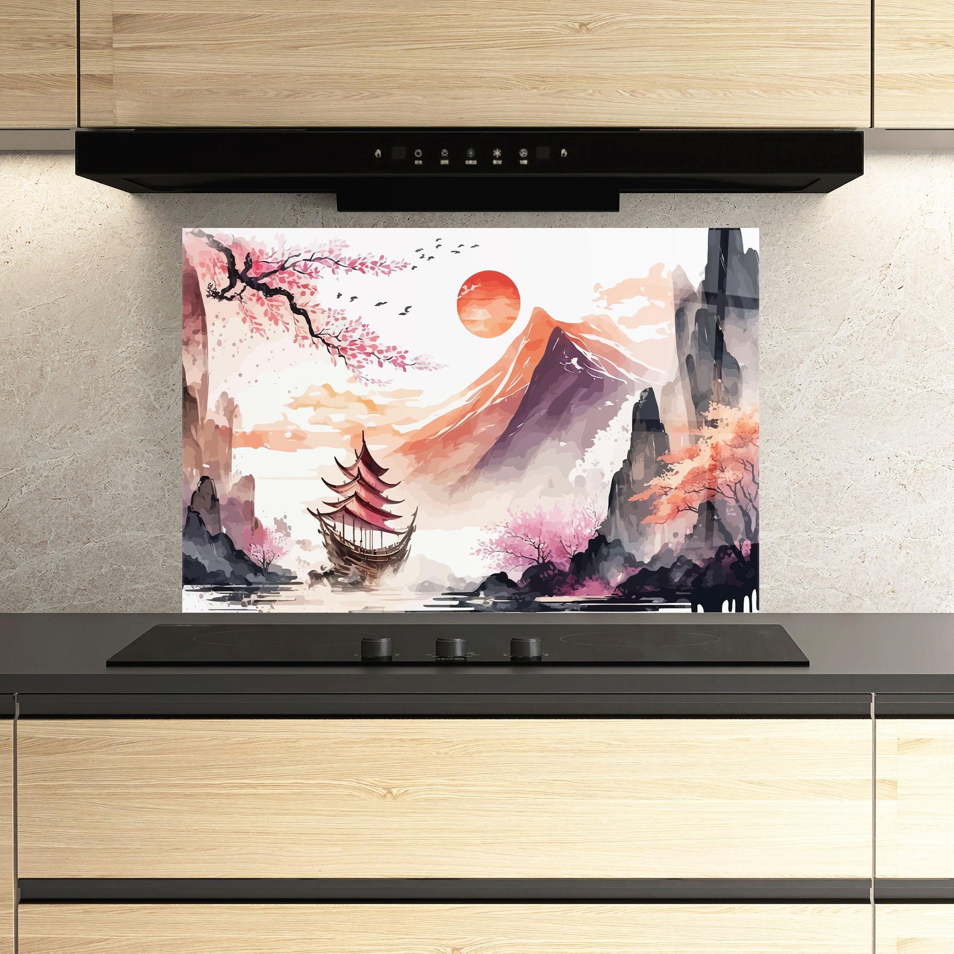 Küchenrückwand Glas Asiatic Purple Mountain mockup 3