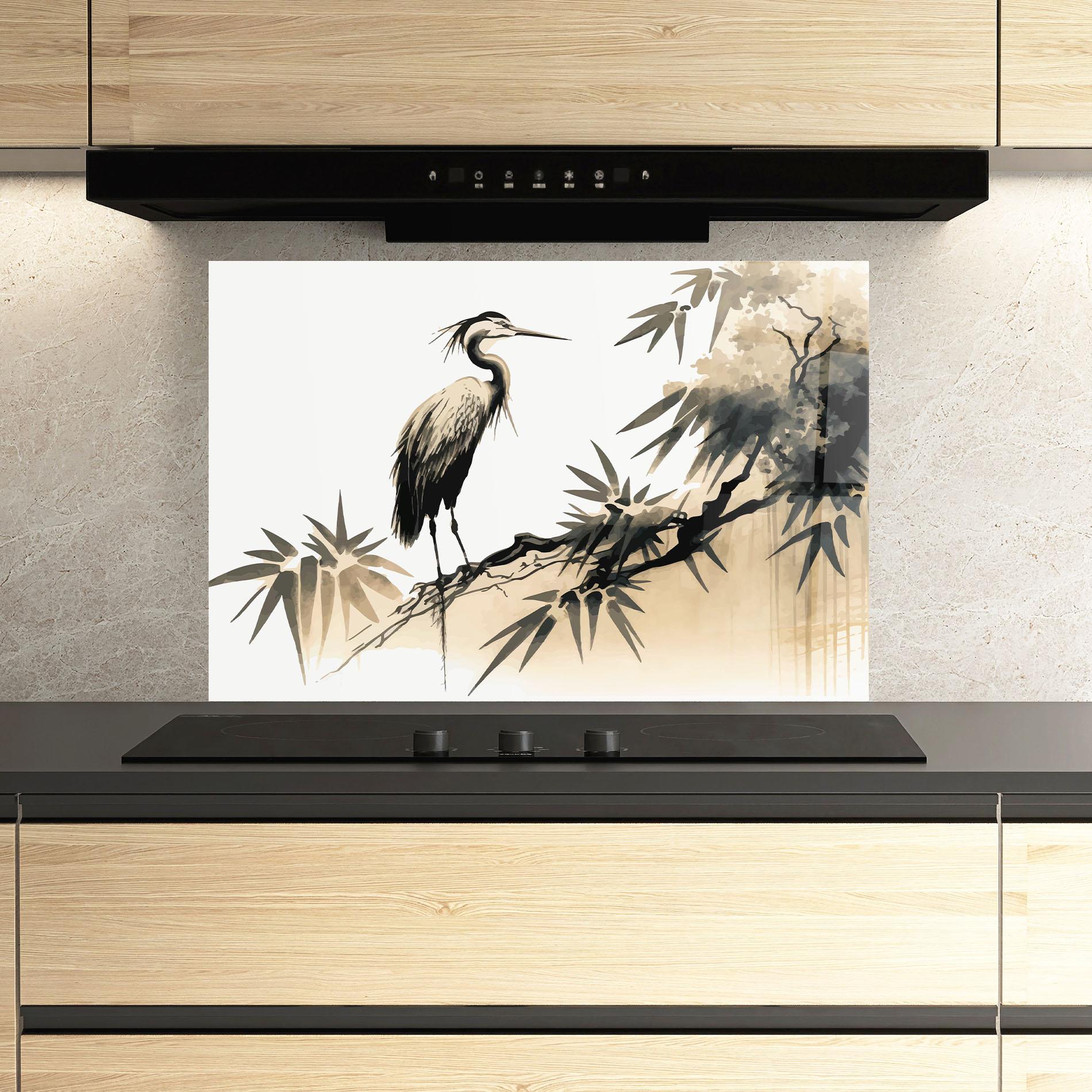 Küchenrückwand Glas Black Cream Bird Art mockup 3