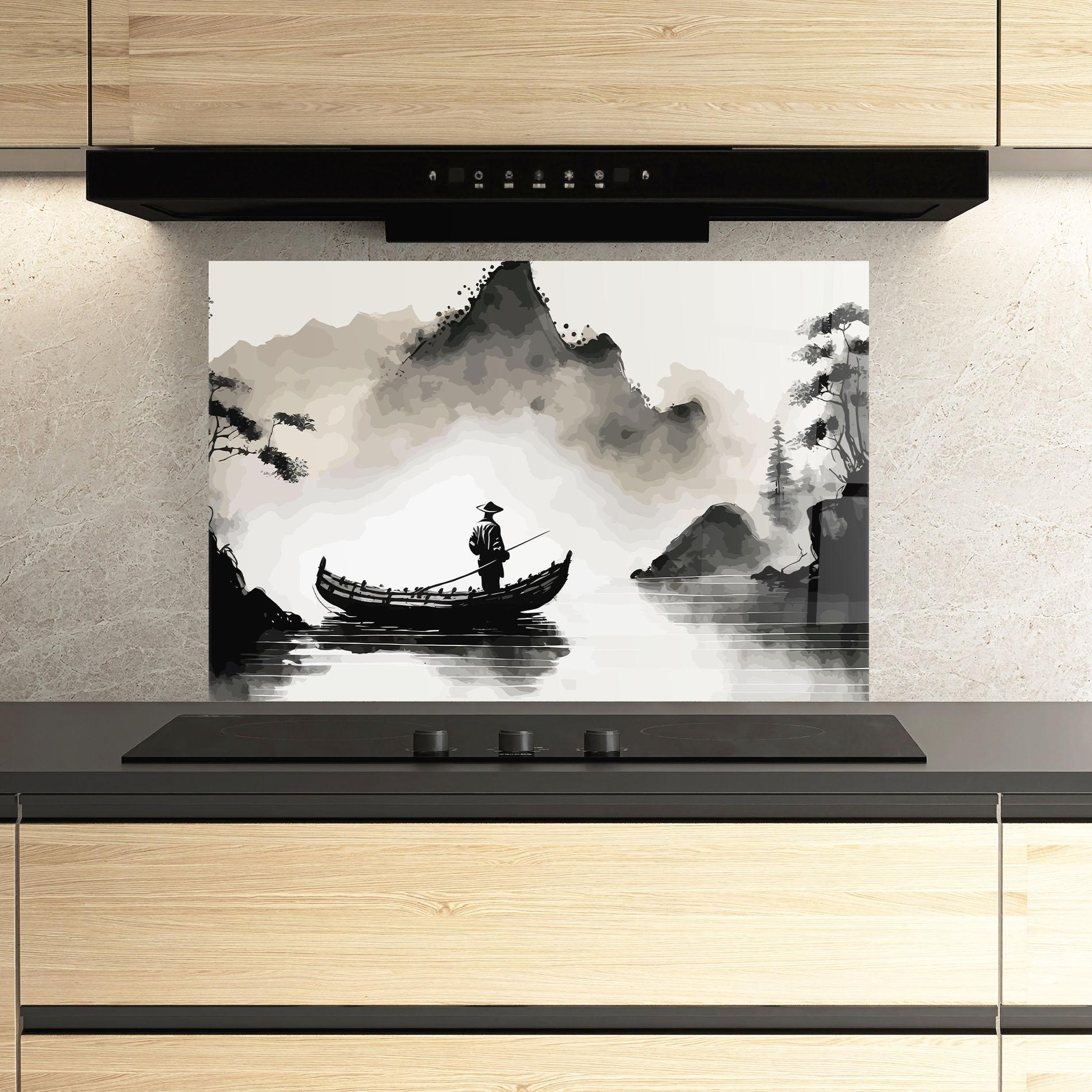 Küchenrückwand Glas Black Ink Boat mockup 3