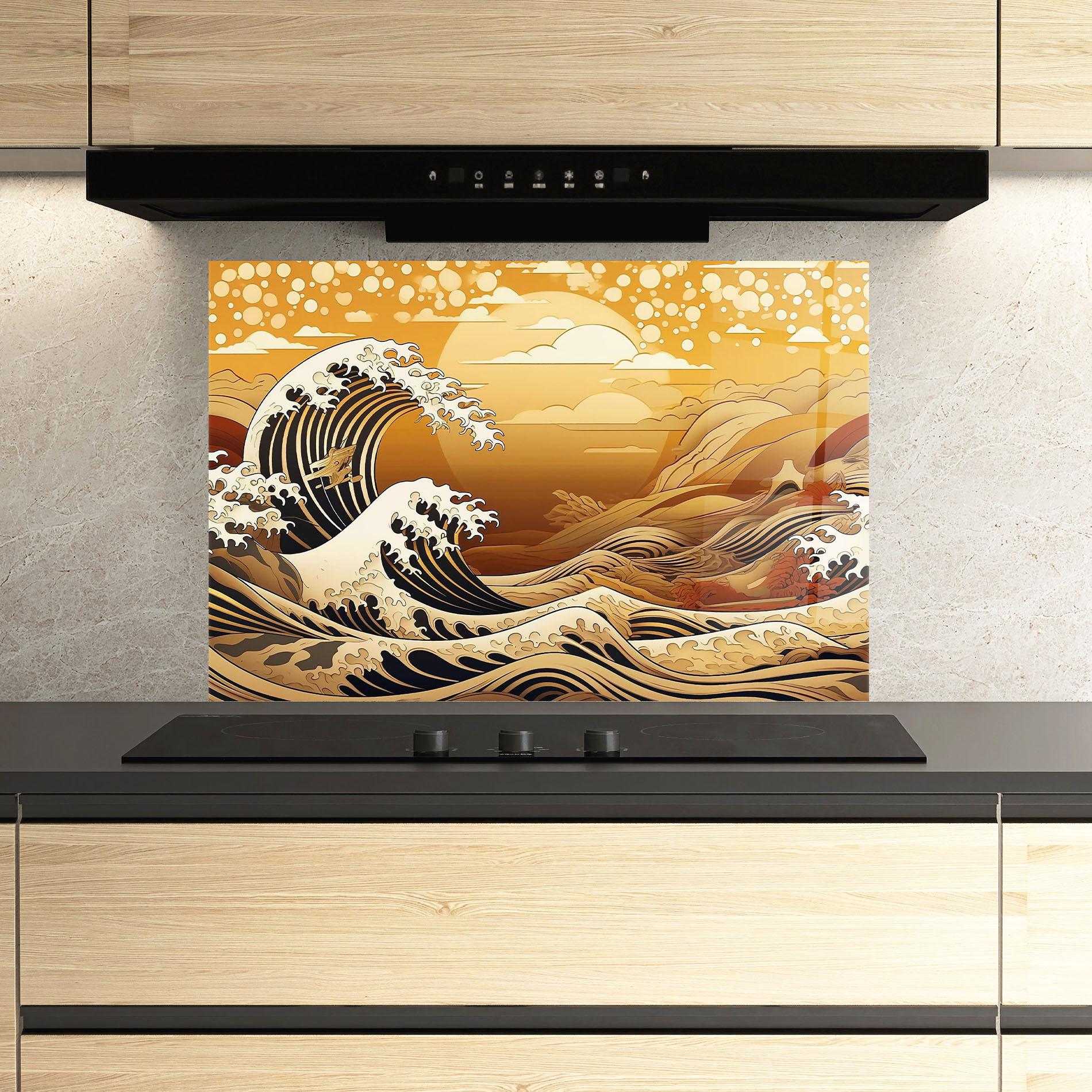 Küchenrückwand Glas Black Yellow Waves mockup 3