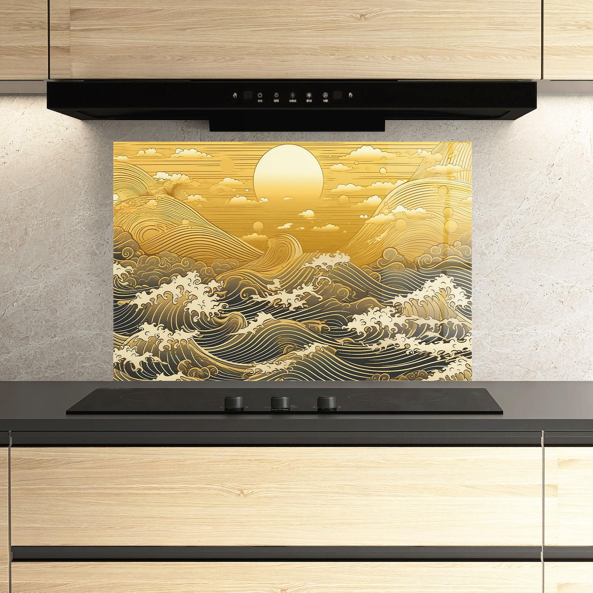 Küchenrückwand Glas Blue Gold Waves mockup 3