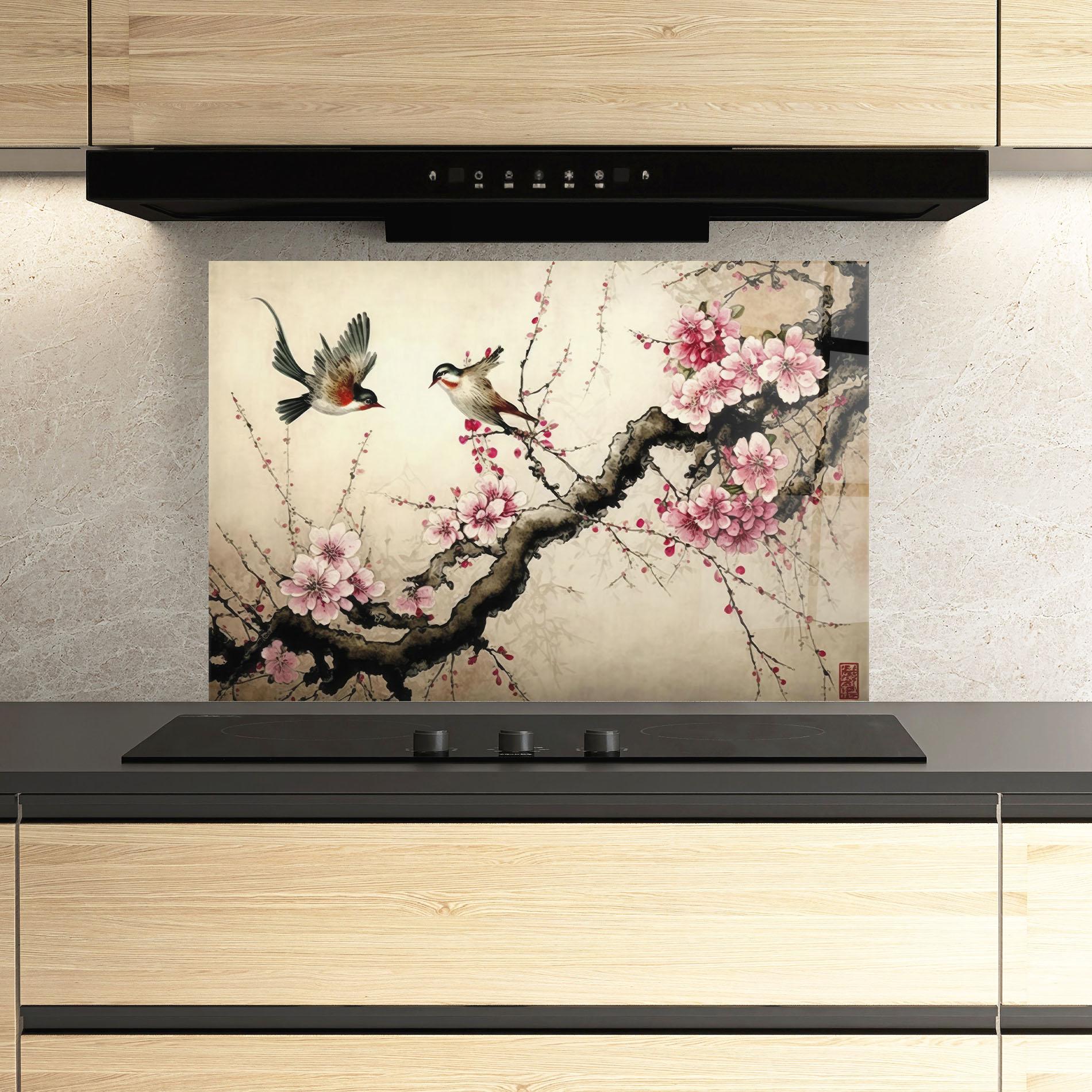 Küchenrückwand Glas Cherry Blossom Birds mockup 3