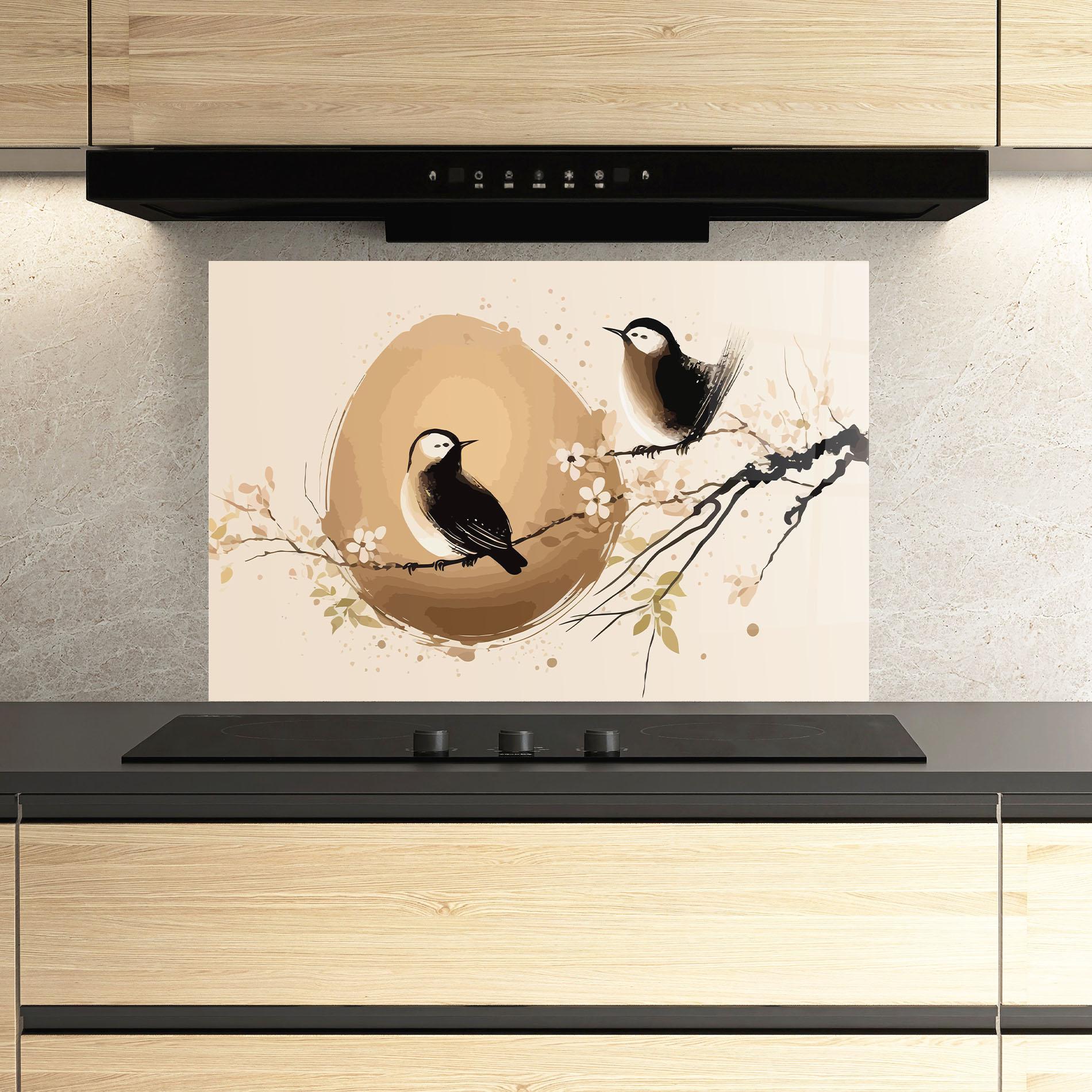 Küchenrückwand Glas Cream Blossoms Bird mockup 3