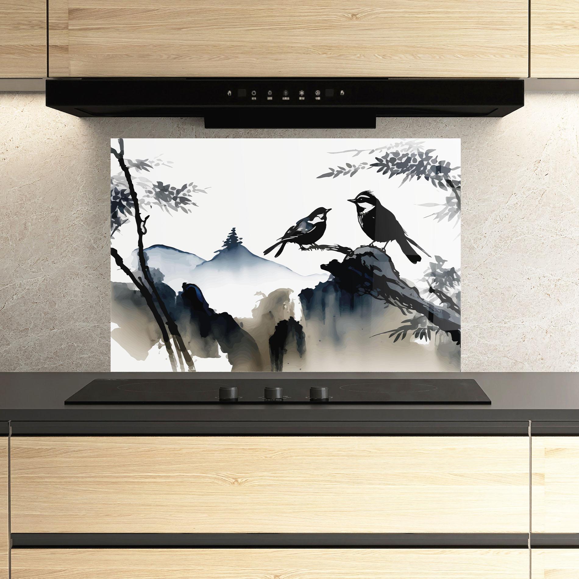 Küchenrückwand Glas Cream Blue Mountain Bird mockup 3