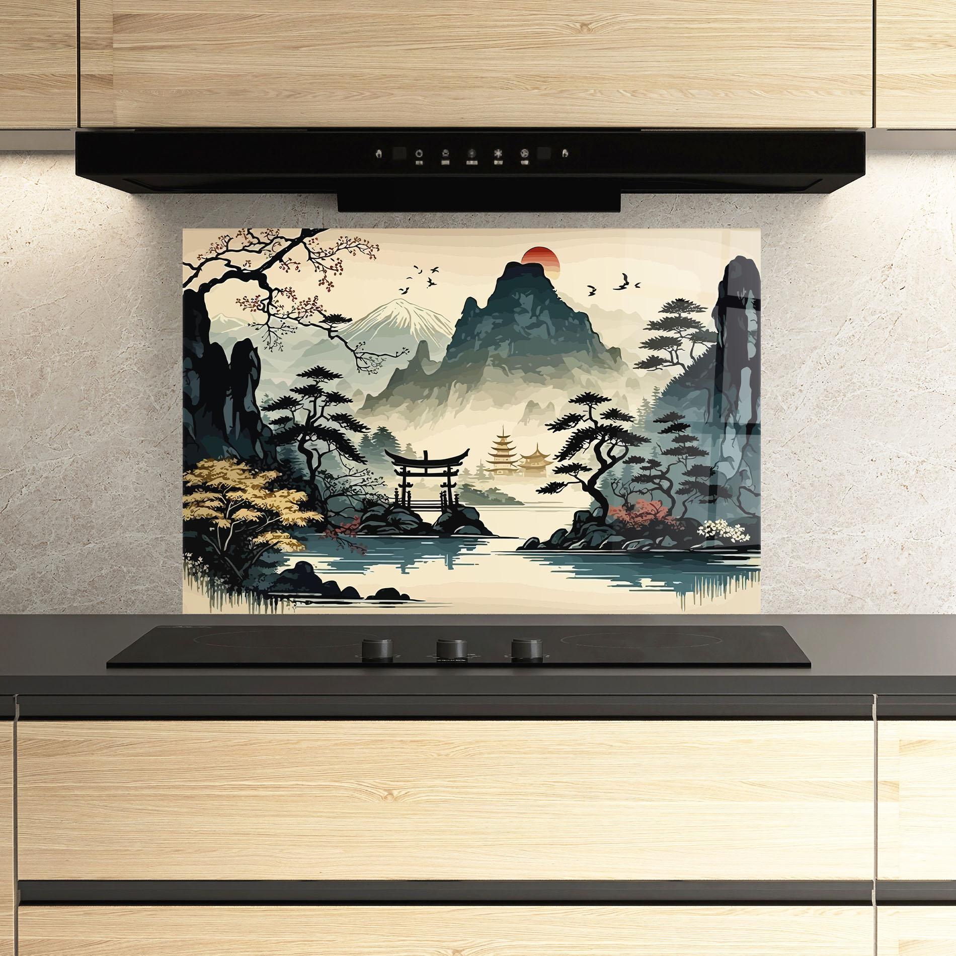 Küchenrückwand Glas Cream Chinese Mountain mockup 3