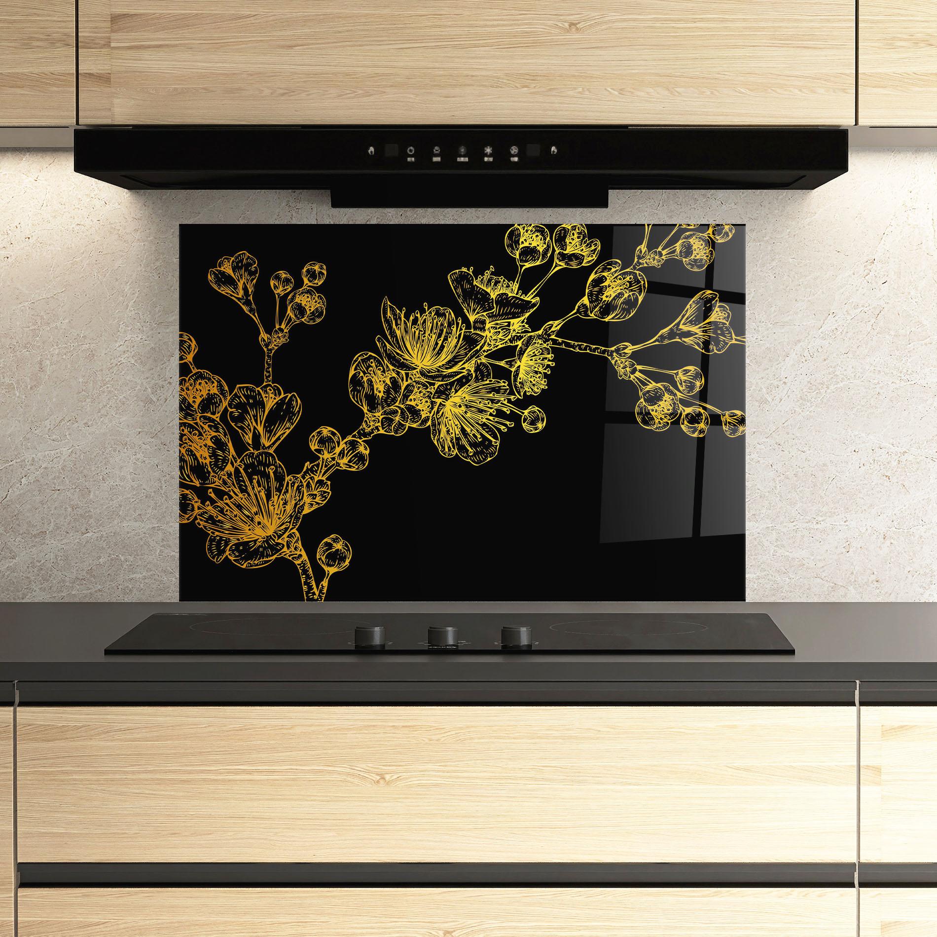 Küchenrückwand Glas Gold Blossom Flower mockup 3