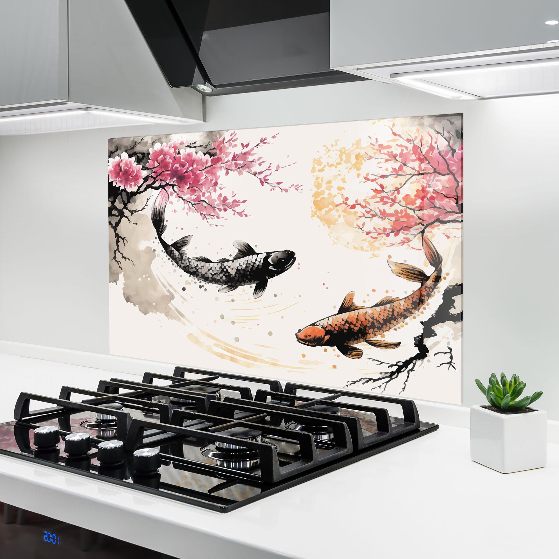 Küchenrückwand Glas Asiatic Flower Fish mockup 6